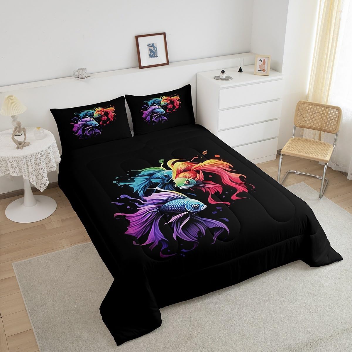 Betta Fish Bed Comforter Set Queen Size,Watercolor Tropical Fish Animal Super Soft Microfiber Bedding Set for Adults Kids,Artistic Maine Life Black Decorative Comforter Set,3 Pcs