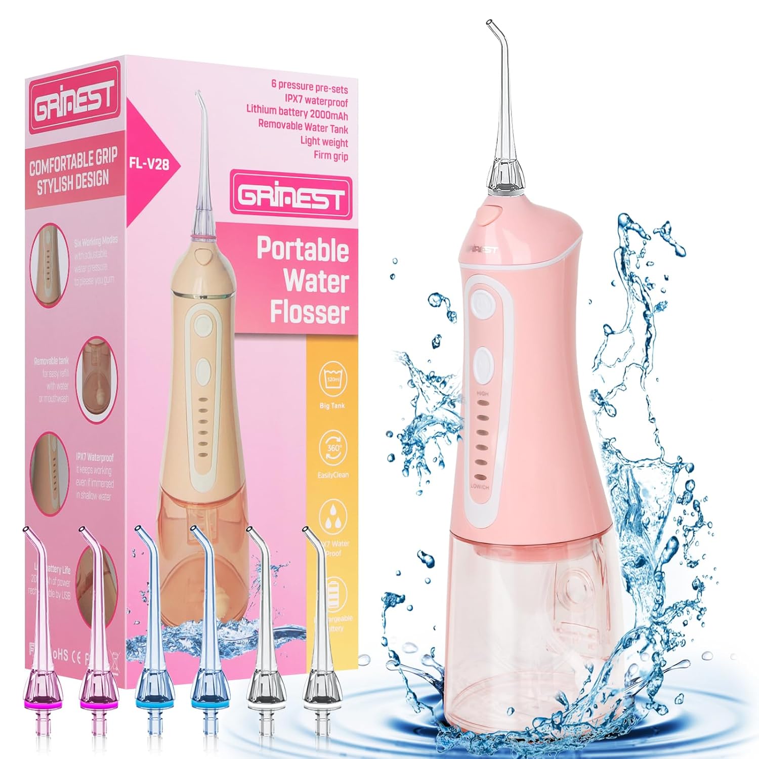 Water Dental Flosser Pick for Teeth Grinest Cordless Water Dental pik Teeth Cleaner 7 Modes Rechargeable Oral Irrigator