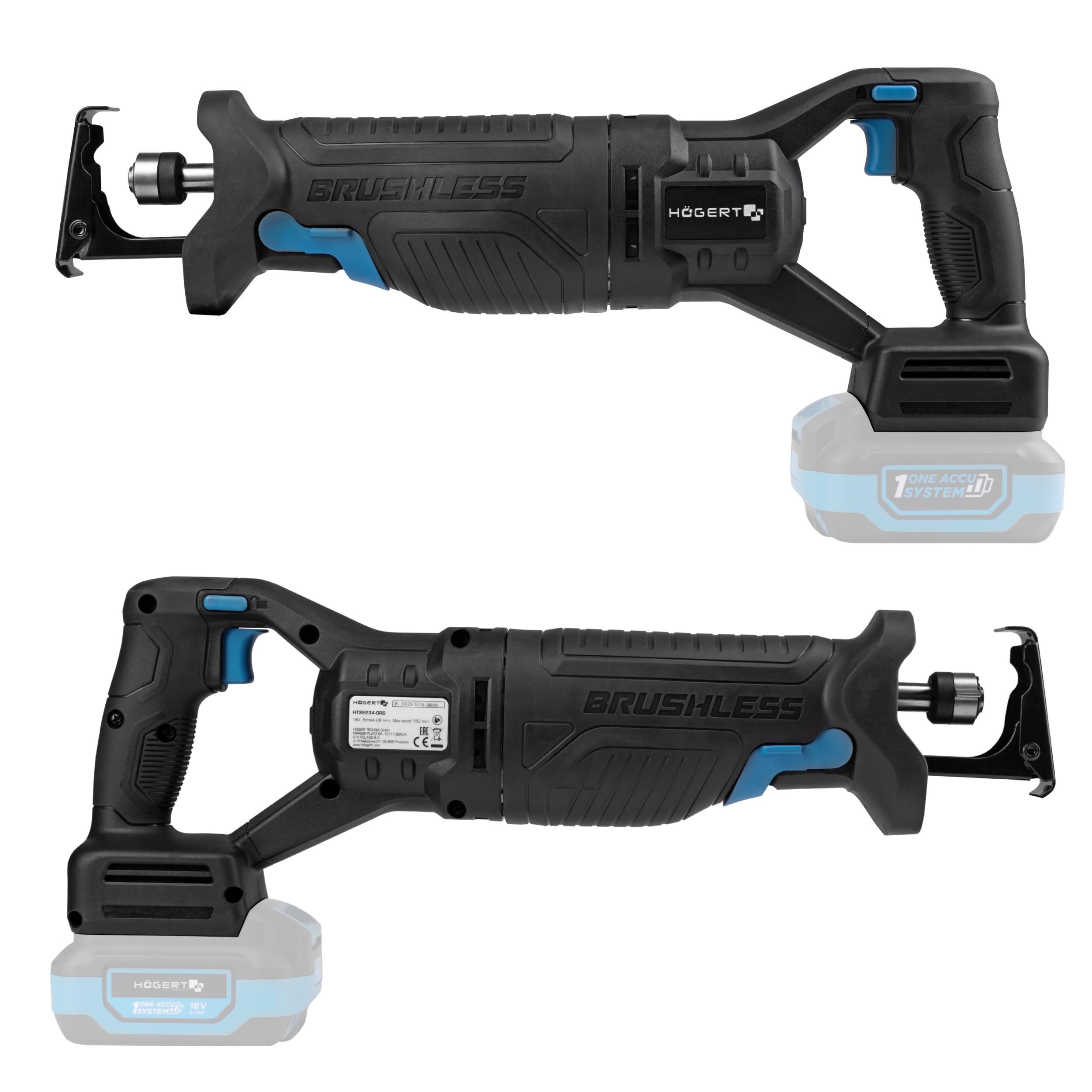 HÖGERT TECHNIK Sega a gattuccio a batteria 18V, motore brushless, senza fili, 0-3000 giri/min, corsa lama 28 mm, cambio lama senza attrezzi, ingranaggi in metallo, impugnatura antivibrazione