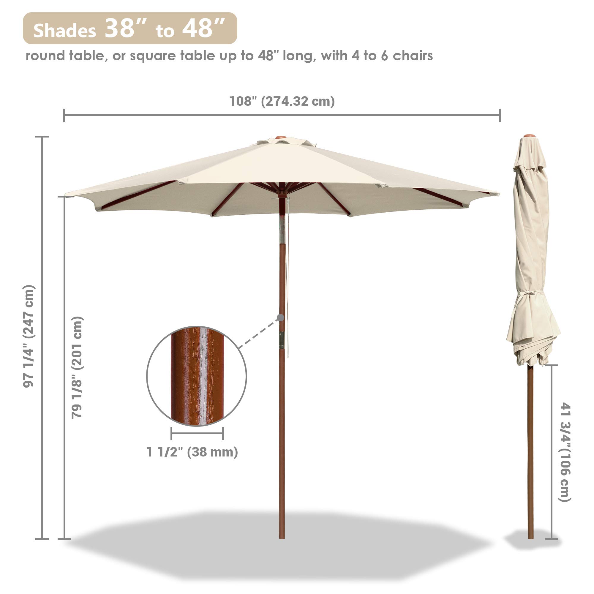Polea de cuerda acanalada de 9 pies y 8 pies con inclinación de madera para exteriores, sombrilla de patio al aire libre, color beige, mesa de mercado para piscina, terraza, patio 6