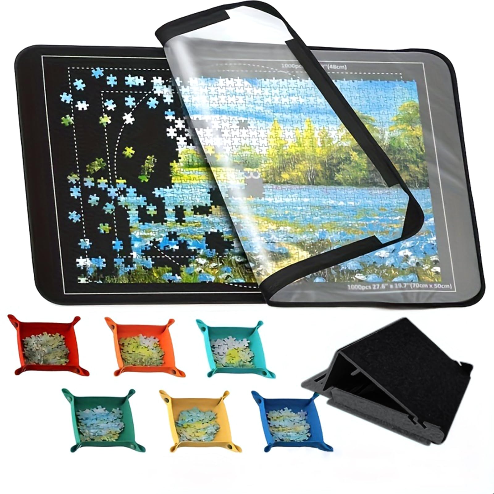 Ruspela Felt Foldable Puzzle Board with Stand Cover and 6 Sorting Trays, 56x81cm Jigsaw Puzzle Mat for 1000 Pieces, Adjustable Angle Puzzle Table with Non‑Slip Surface – Black