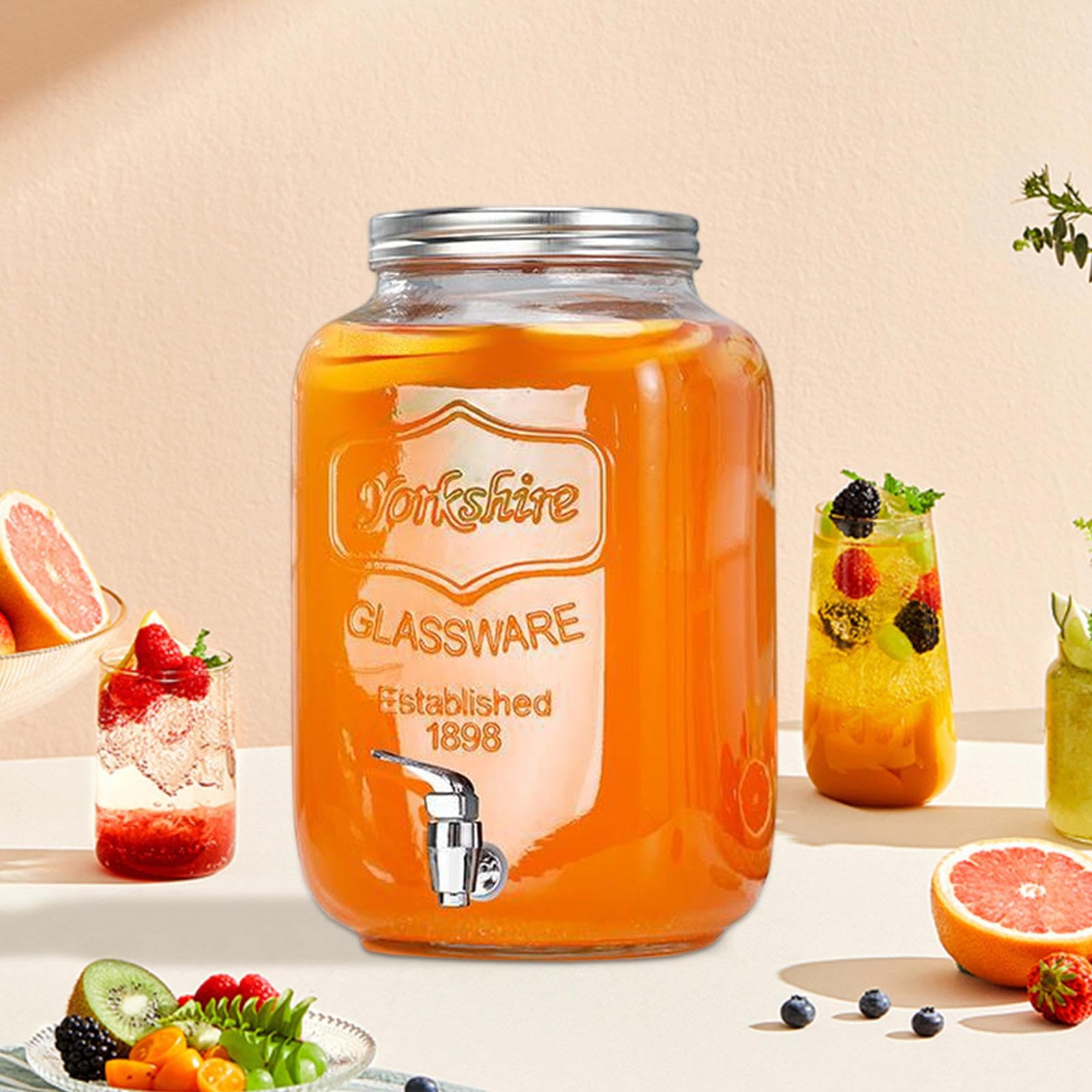 Wasserspender aus Glas, wasserdicht, transparent, Getränkespender mit Deckel | für Terrassen Buffets Geburtstag Weihnachten Hochzeiten Thanksgiving Neujahr