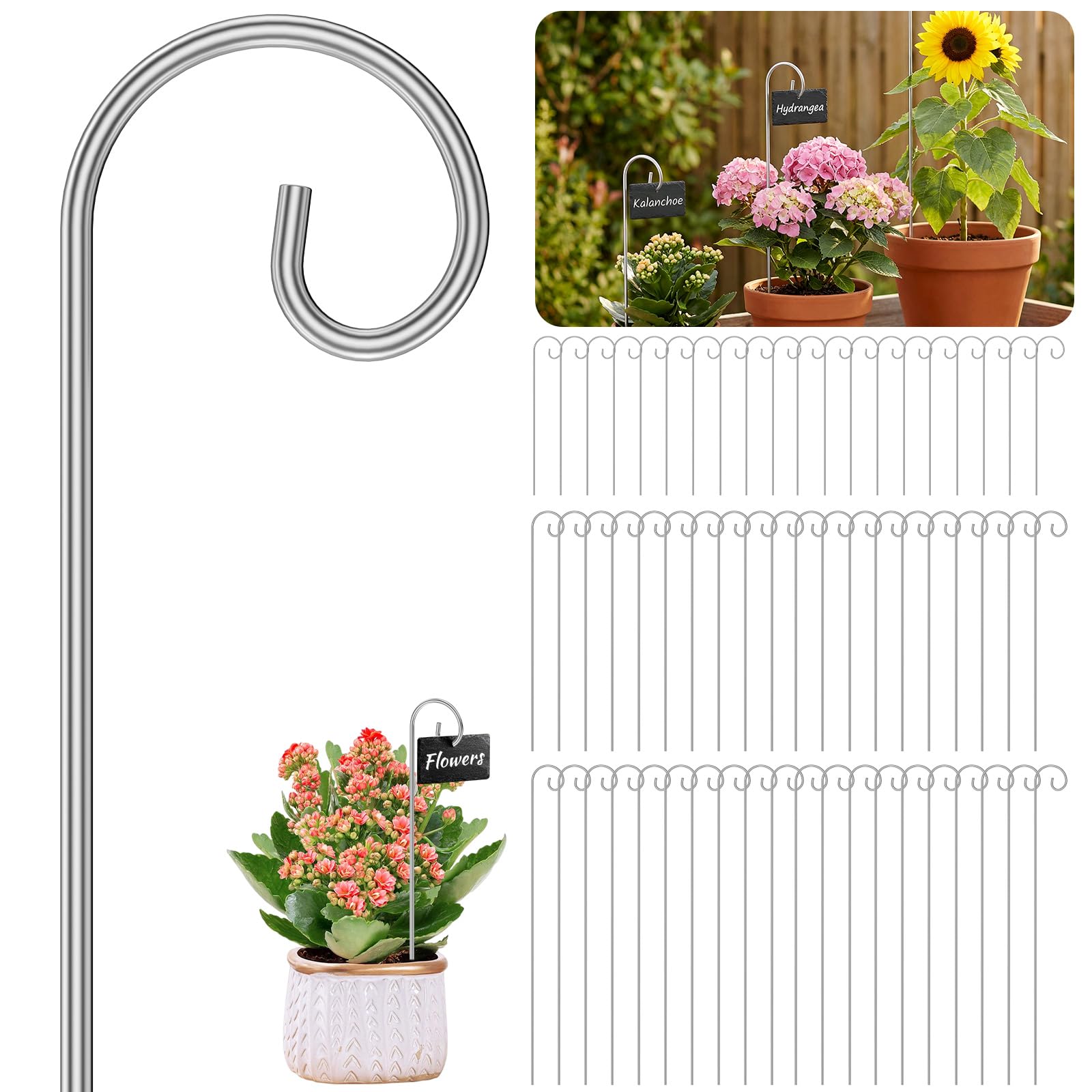 60Pcs Silver Plant Label Hooks 20/30/40cm Rustproof Garden Markers Stake Holder Plants Label Hanger Weatherproof Deformed Hooks Plant Accessories for Planters, Seedlings Decorative Borders(60pcs)