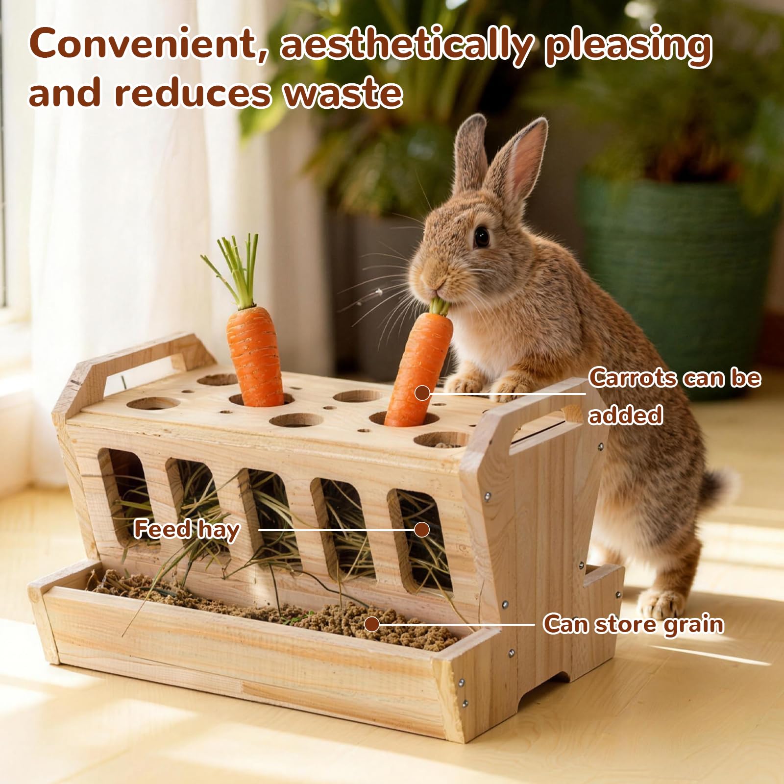 Distributeur de Foin en Bois Grande Capacité pour Lapins, 30×22×18CM Ratelier Foin Lapin, Mangeoire Autonome avec Râtelier à Carottes pour Cochon d'Inde Chinchilla Petit Animal