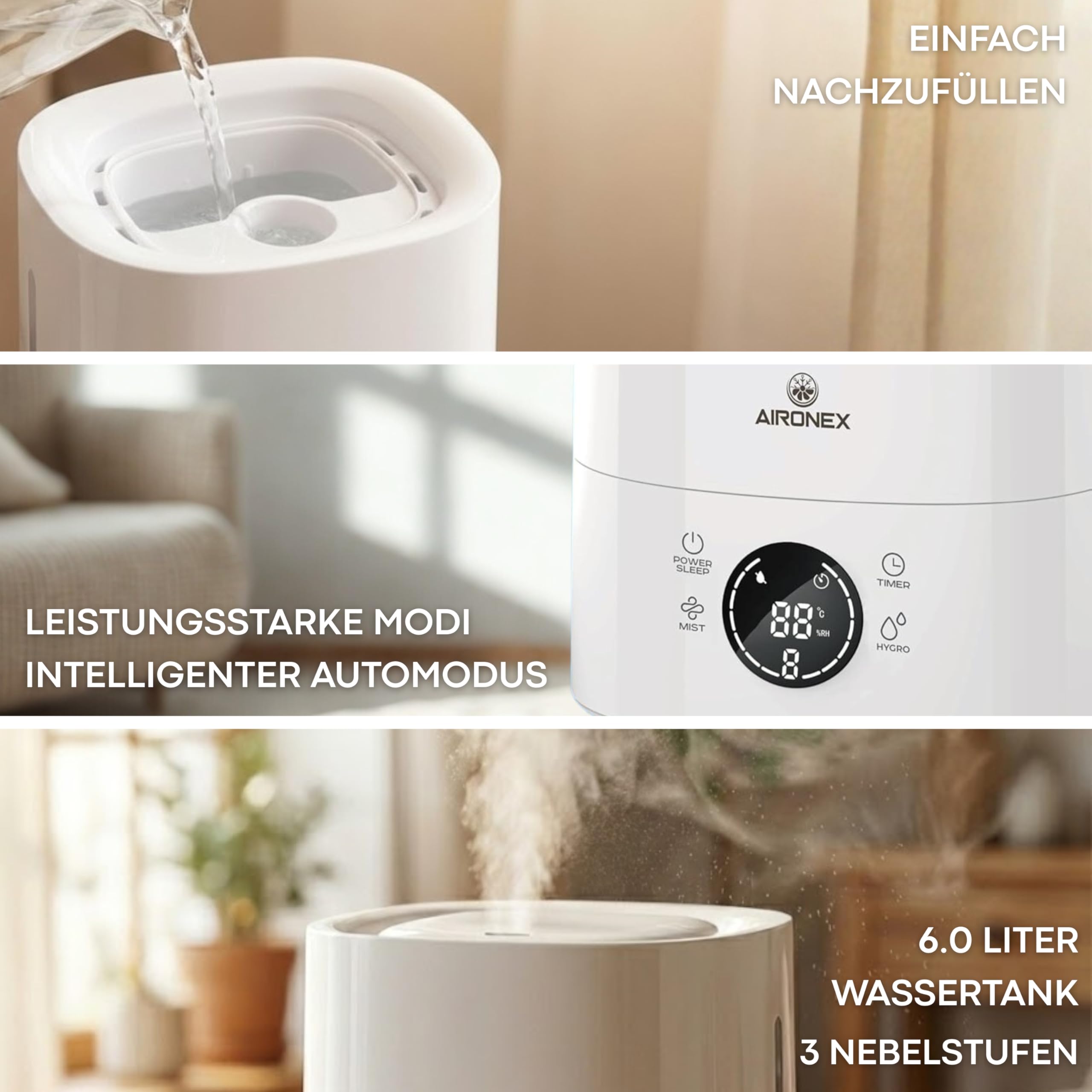 Luftbefeuchter 6 Liter – Top-Fill – Aroma – Luftbefeuchter – Humidifier – Geeignet für Wohnzimmer, Büro, Babyzimmer, Schlafzimmer