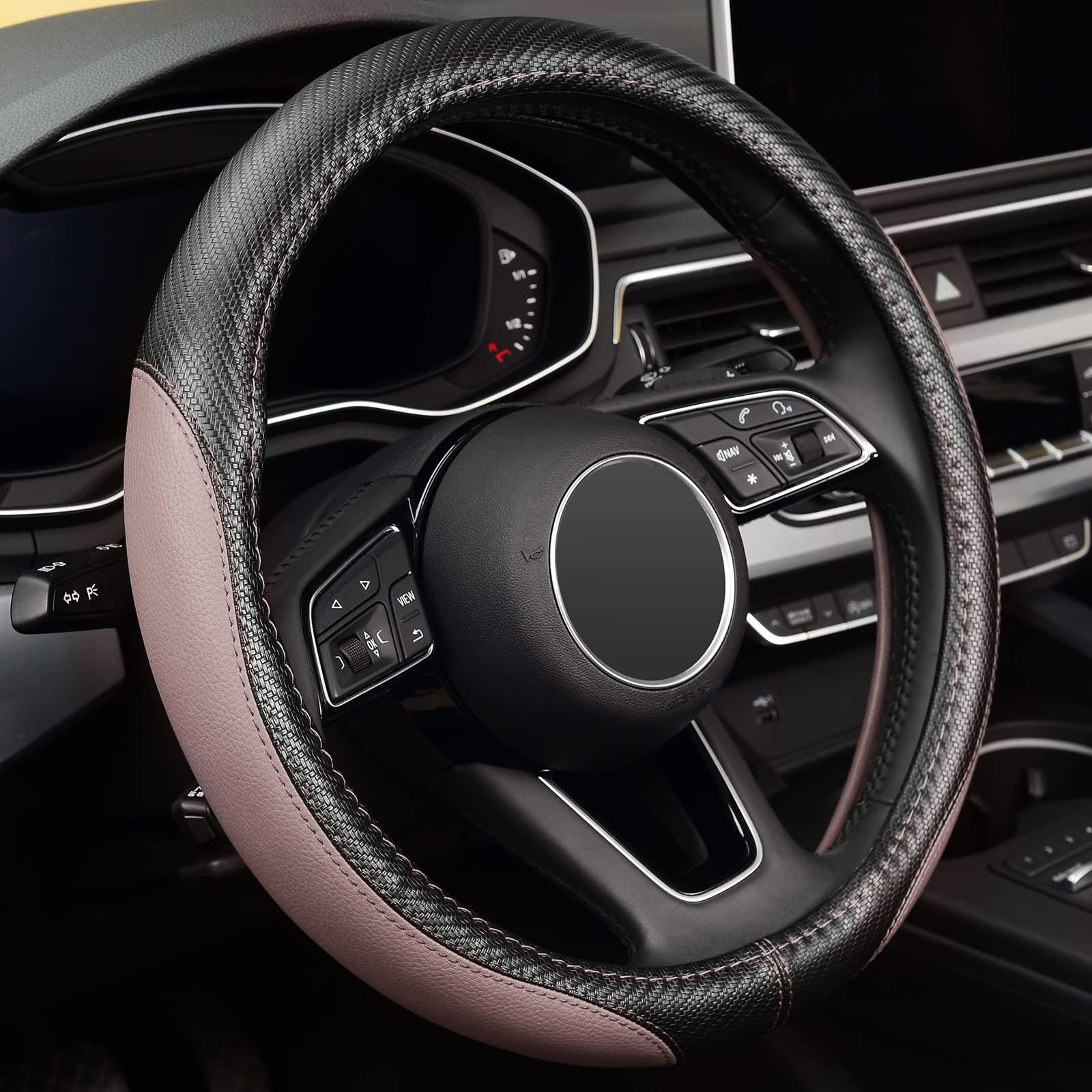 LABBYWAY Microfiber Leather Auto Car Steering Wheel Cover, Universal Fit 15 Inch Anti-Slip Wheel Protector, Dark Brown