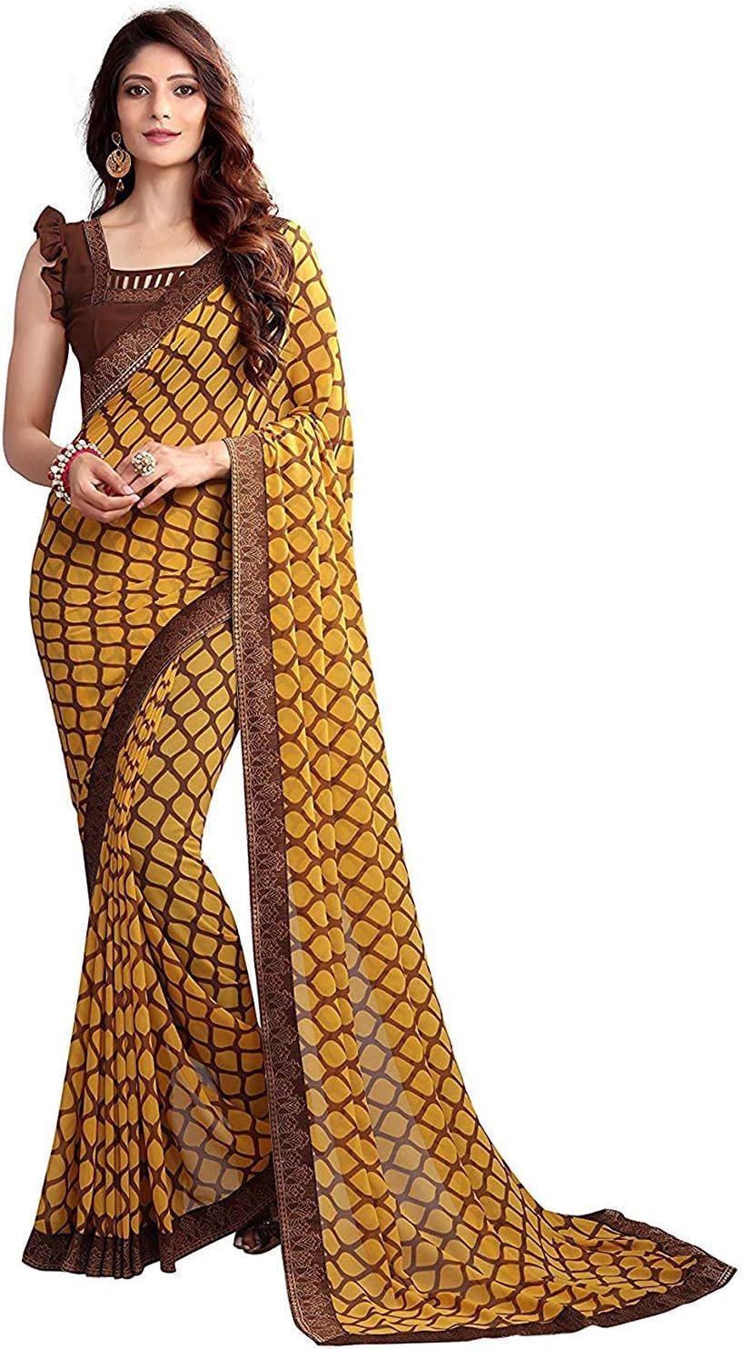 RAJESHWAR FASHION WITH RFWomen's Printed Georgette Sarees For Women With Jacquard Work Lace Border & Blouse Piece (Multicolored)