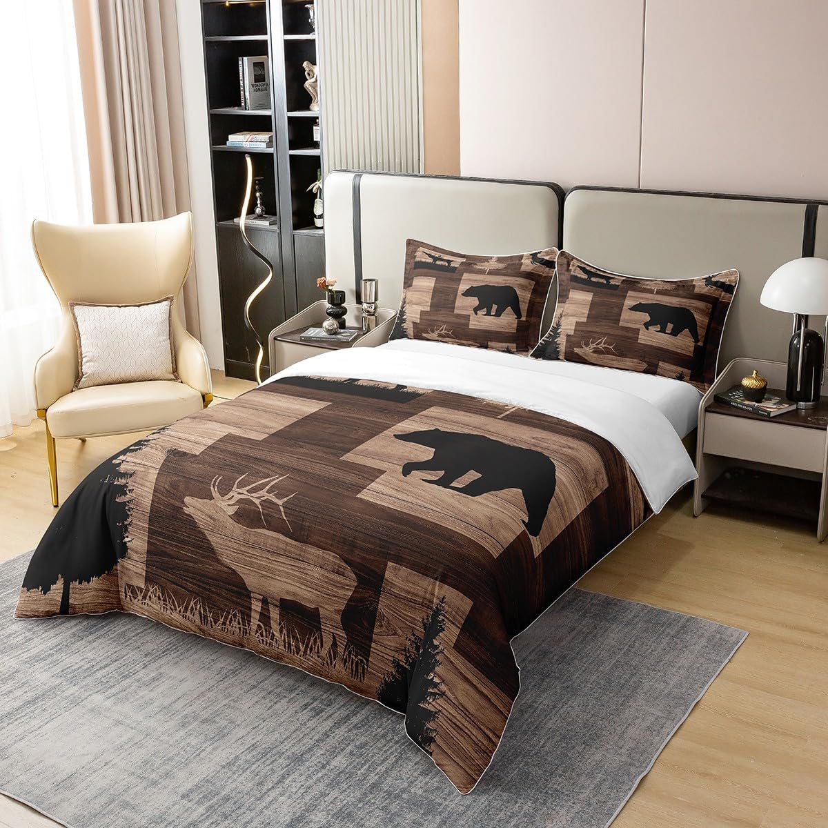Homewish Rustic Cabin Lodge 100% Cotton Duvet Cover Double,Hunting Elk Deer Bear Comforter Cover,Country Farmhouse Old Barn Door Bedding Set,Wild Animals Woodland Adventure Bedspread Cover,Brown - Image 2