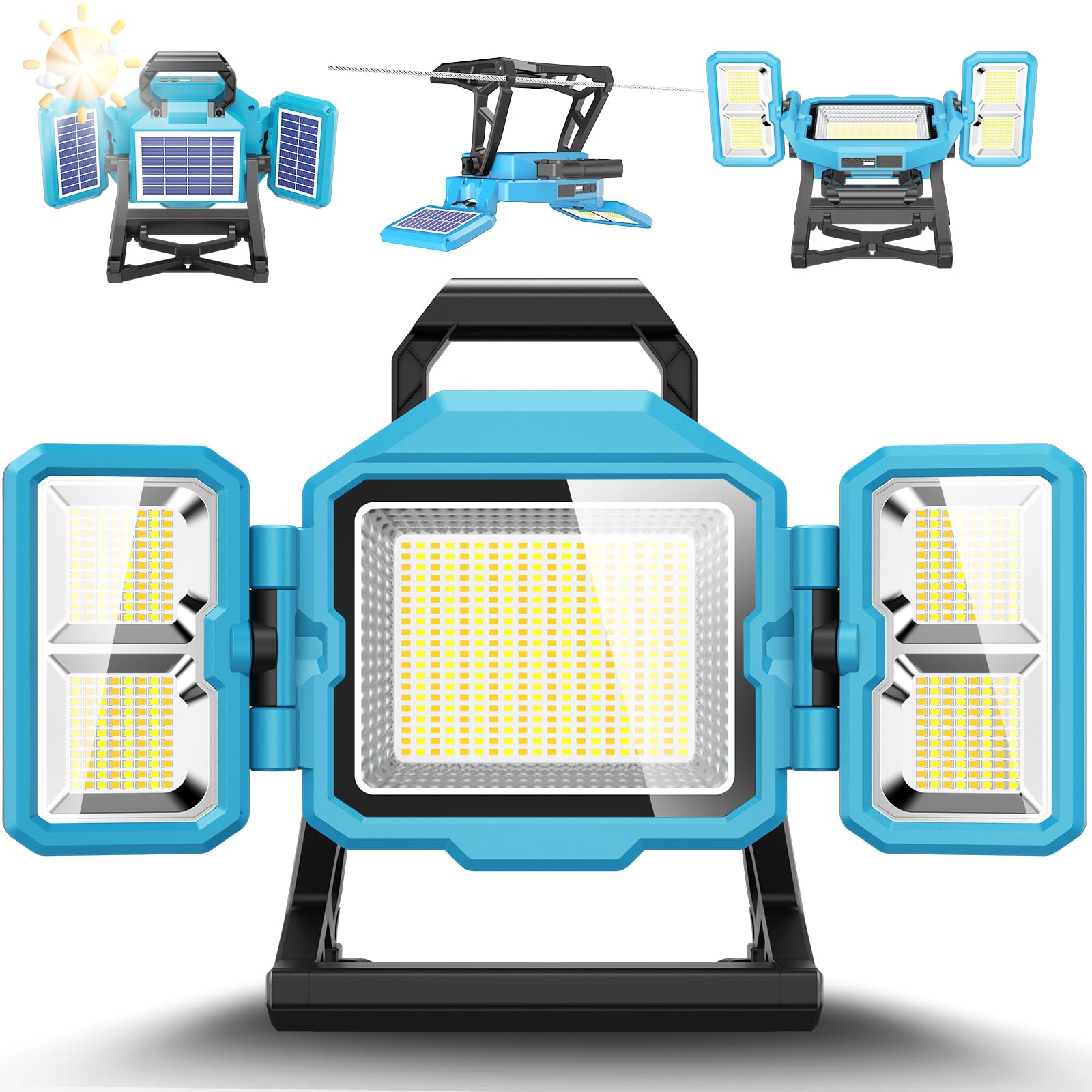 Photo 1 of 600W Solar 52000MAh Rechargeable Work Light, 52000 Lumen Foldable LED Work Lights with 3 Modes,Stand 360° Rotatable,IP66 Waterproof Portable Cordless Job Site Lighting for Construction Site, Workshop