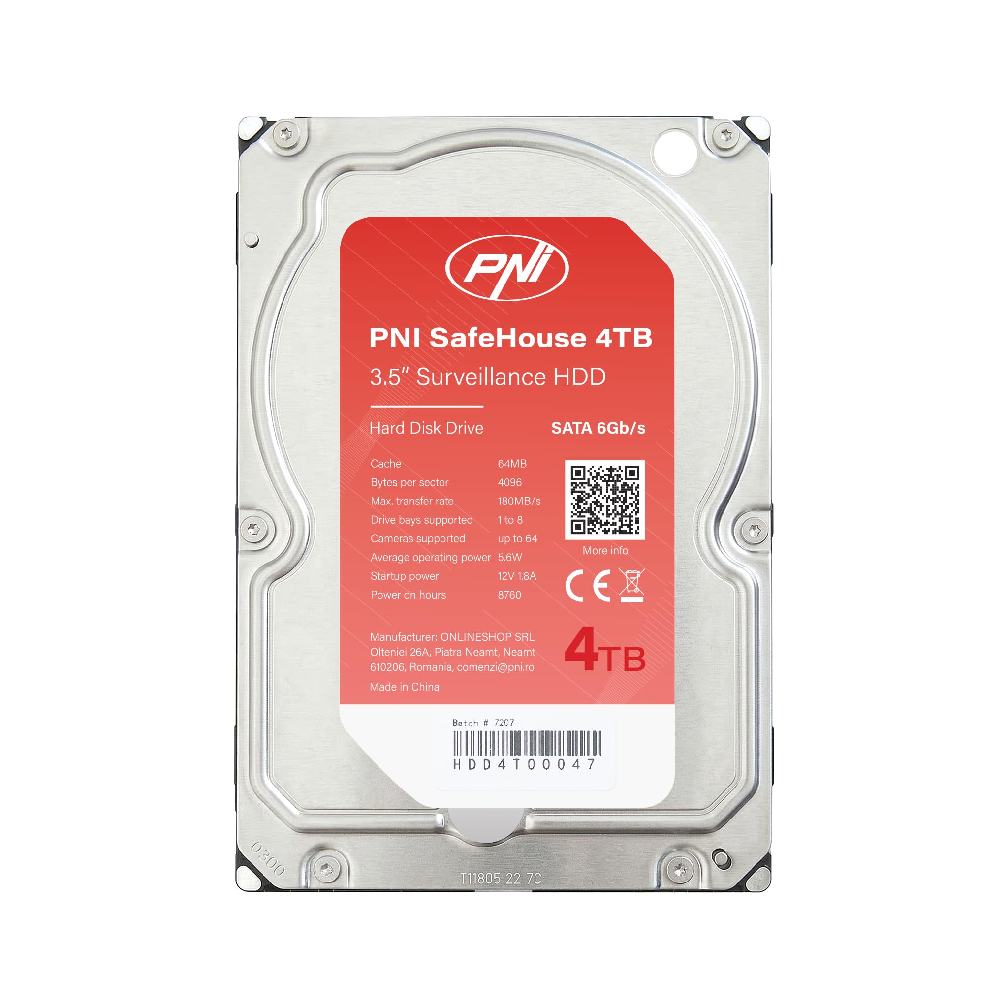 Internal Hard Disk PNI SafeHouse 4TB 3.5" HDD, CCTV, 64MB, SATA III, 7200 RPM for surveillance systems