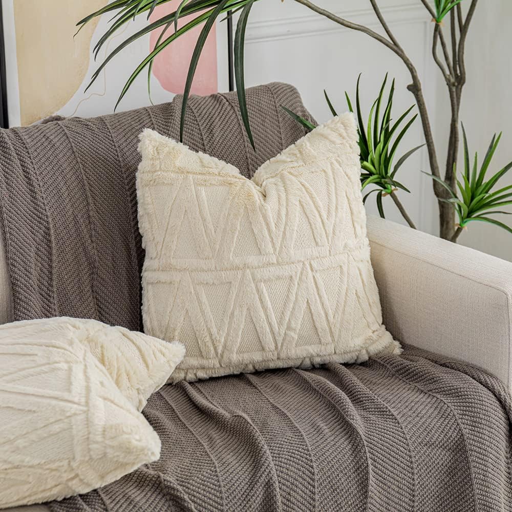 Throw Pillow Covers Decorative Soft Velvet Farmhouse Boho Pillow Covers for Couch Bed Bedroom Living Room (18"x18", Cream Beige) 18 x 18-Inch Cream Beige