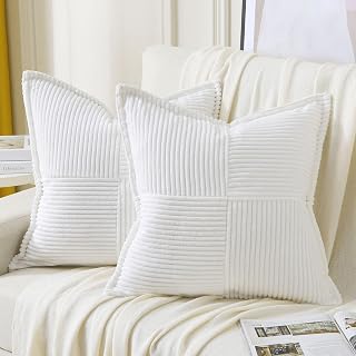 HAUSSY White 2 Pack 20x20 Inch Corduroy Decorative Throw Pillow Covers Boho Natural Solid Striped Cushion Cover Home Decor Accent Modern Pillowcase for Couch Living Room Sofa Bed