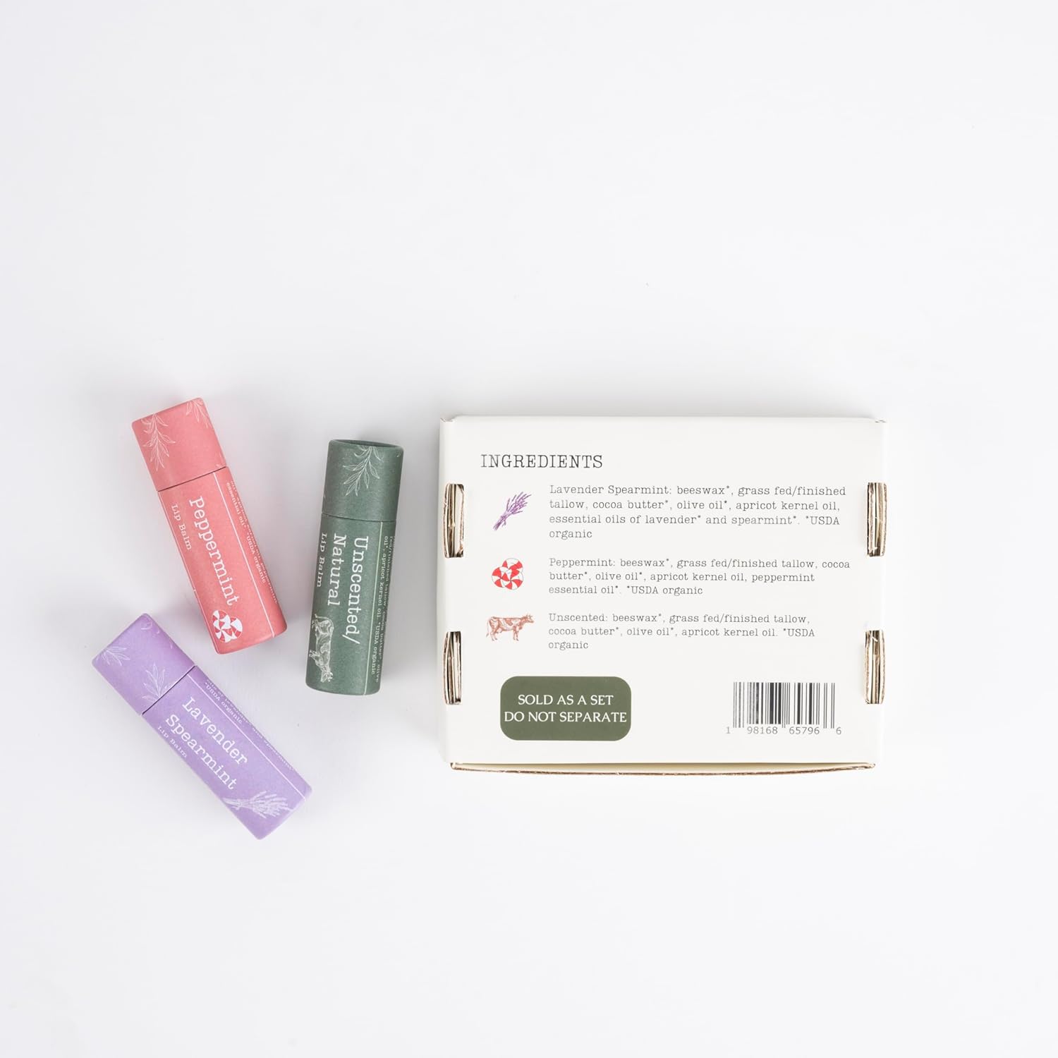 Hearth & Homestead - Handmade Beef Tallow Lip Balm Collection | Organic & Natural Lip Stick Moisturizer - For Women and Men - Ideal Gift - Unscented/Peppermint/Lavender-Spearmint (3x .33 oz)
