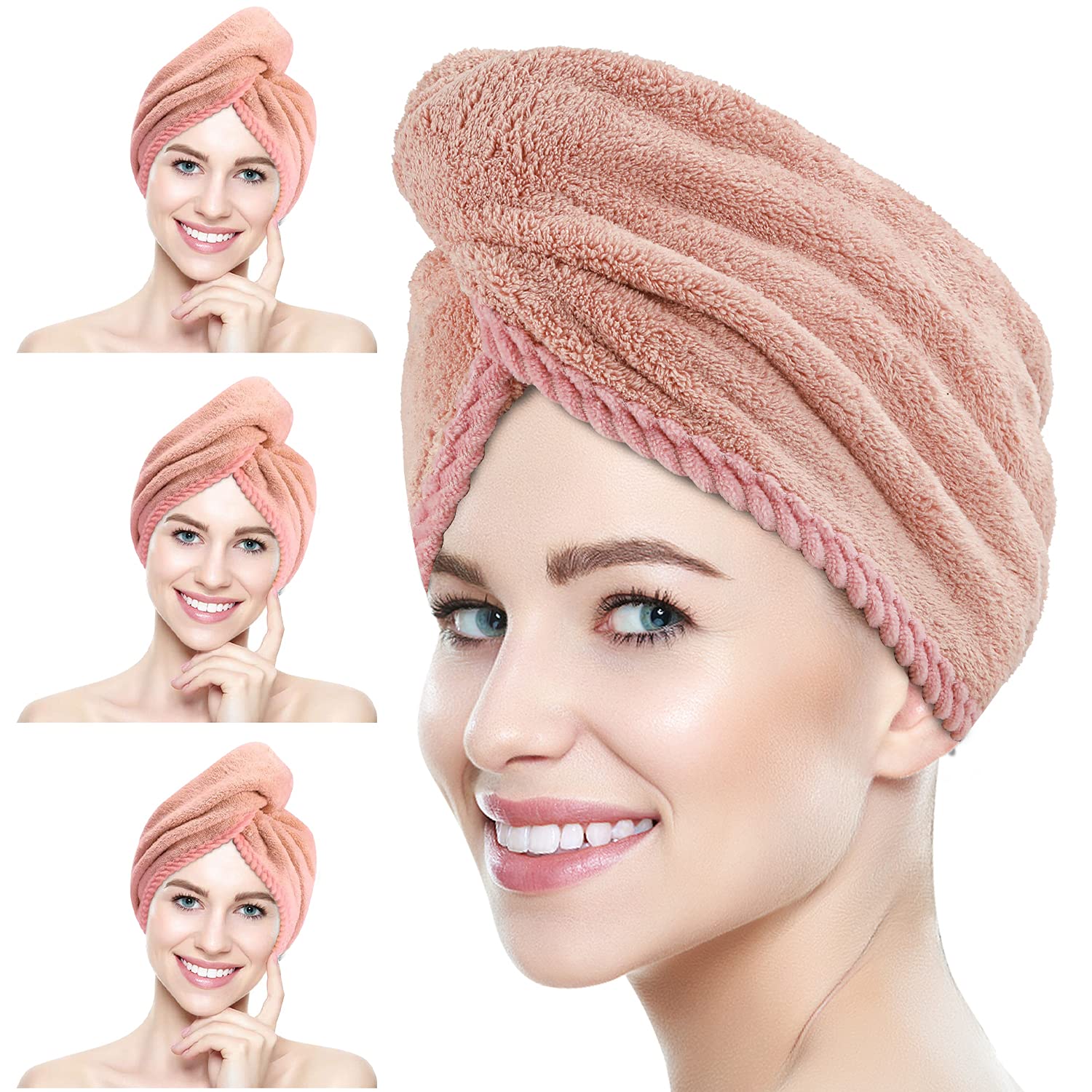 Suntee 3 Pack Microfiber Hair Towel Wrap, Super Absorbent Hair Drying Turban Towel, Quick Drying Hair with Button, Bath Caps for Women Curly, Long & Thick Hair (Pink)