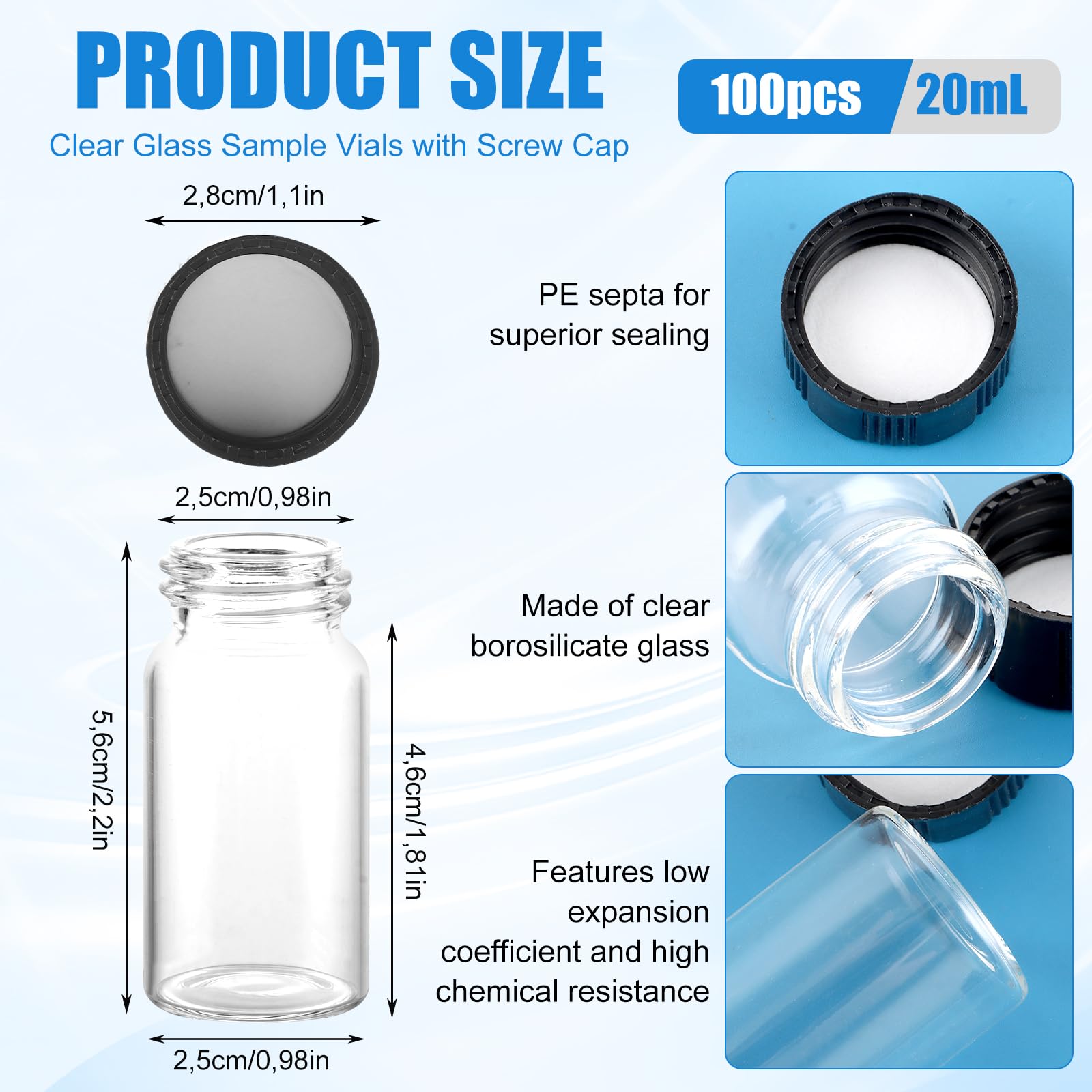 SHUESS 100 x 20 ml provette in vetro trasparente con tappo a vite, mini bottiglie di vetro borosilicato, ideali per campioni, bottiglie liquide