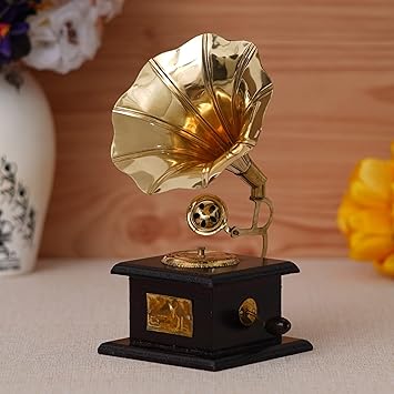 JaipurCrafts Brass Vintage Gramophone Showpiece for Home and Living Room, 17 cm, Gold, 1 Piece - image, photos