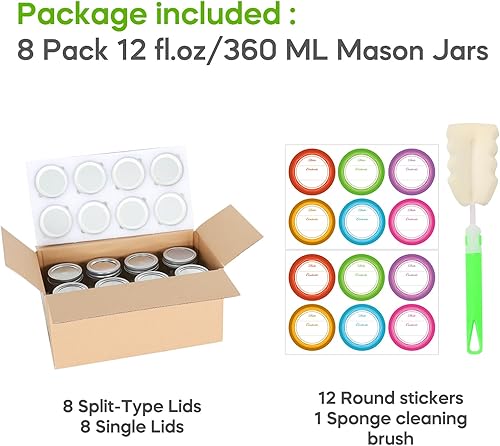 Miniatura 3 de Homerove Tarro de vidrio de boca regular de 12 onzas con tapa hermética, paquete de 8 tarros de conserva, 8 tapas de tipo dividido y 8 tapas