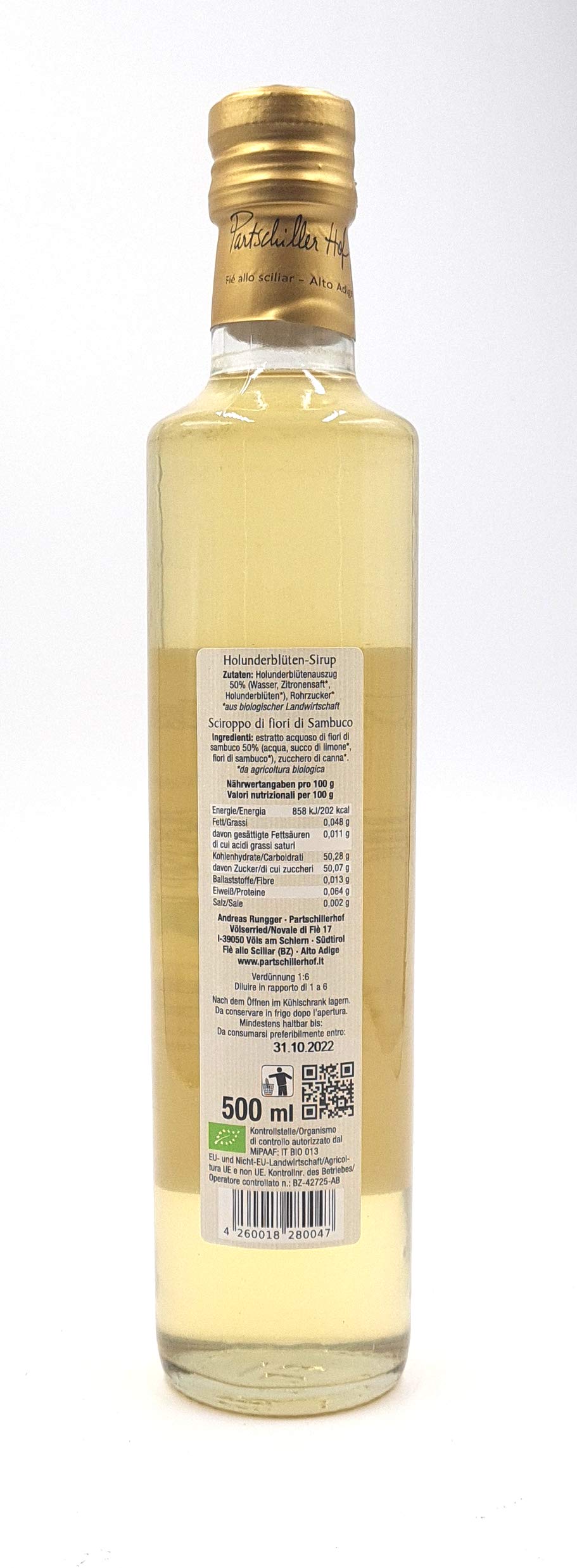 PARTSCHILLERHOF sciroppo ai fiori di sambuco biologico dall' Alto Adige BIOLAND 6x500ml