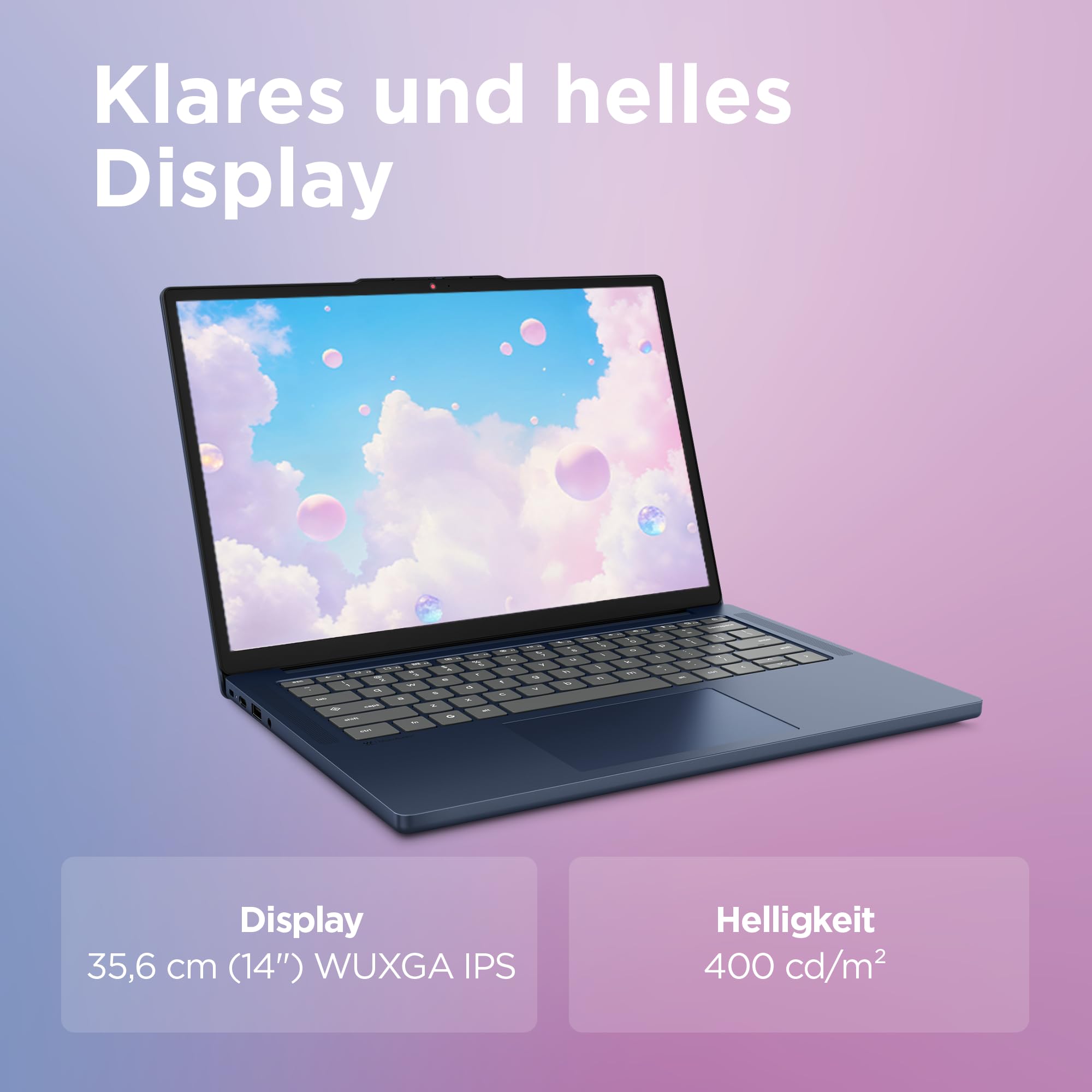 Lenovo Chromebook Laptop | 14" WUXGA Display | MediaTek Kompanio 540 | 4GB RAM | 128GB SSD | ARM Mali-G57 MC3 Grafik | ChromeOS | QWERTZ | exkl. Farbe in Cosmic blau | 3 Monate Premium Care