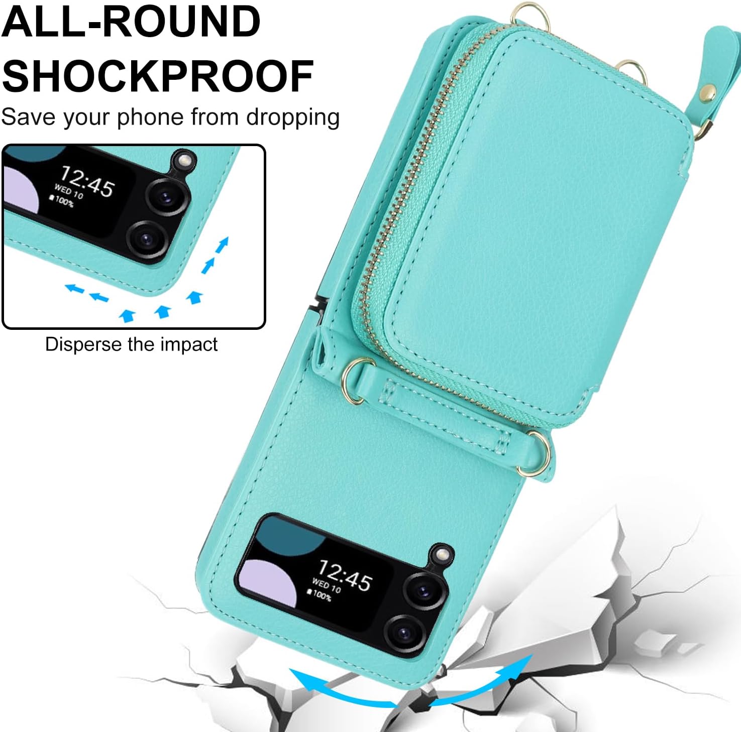 Asuwish Phone Case for Samsung Galaxy Z Flip 4 5G 2022 Wallet Cover with Credit Card Holder Zipper Slot Shoulder Crossbody Strap Lanyard RFID Blocking Cell Purse ZFlip4 Z4 Flip4 4Z Women Girls Teal