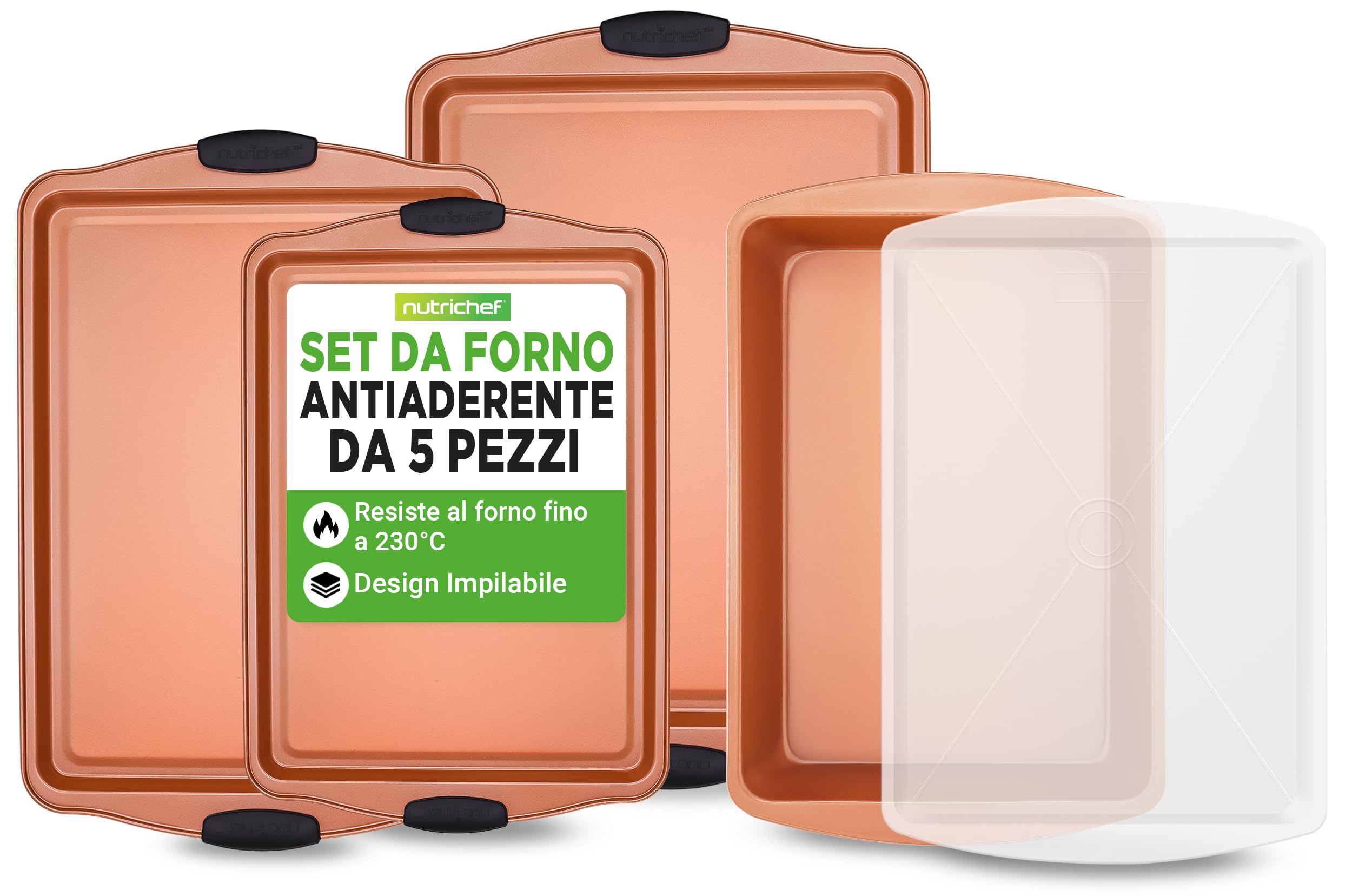 NutriChef Set 5 Teglie da Forno Antiaderente, Biscotti Impilabili, Teglia Arrosto Coperchio, Maniglie Silicone, Facili da Pulire, Rame