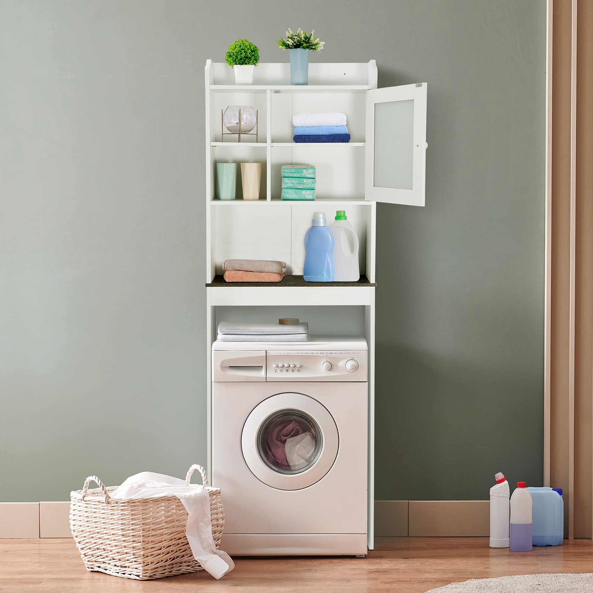 ZenStyle Over The Toilet Cabinet Double Door Wood Bathroom Storage Organizer with Adjustable Shelves, Cubby and Tempered Glass Door (White)