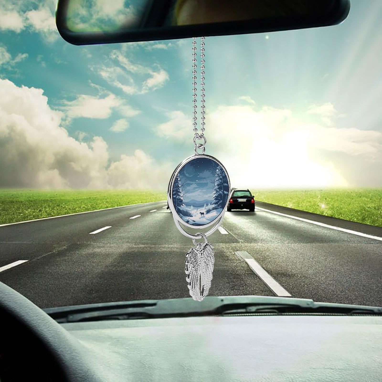 Metal Car Pendant Charms A Horse and Snow Car Rear View Mirror Charms Angel Wing Auto Rearview Mirror Hanging Interior Ornament Pendant Car Accessories for Women Men Car Interior Decor