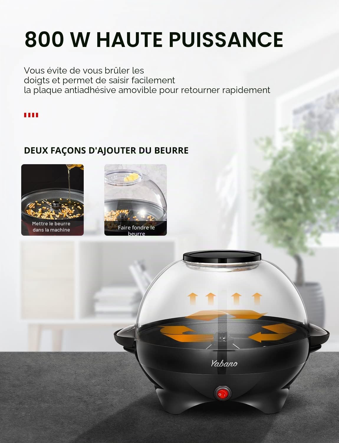 Yabano Machine à Popcorn, Électrique Machine à Pop Corn avec Plateau de Cuisson Détachable, Revêtement Antiadhésif, Bol de 5l Couvercle 2-en-1, Noir