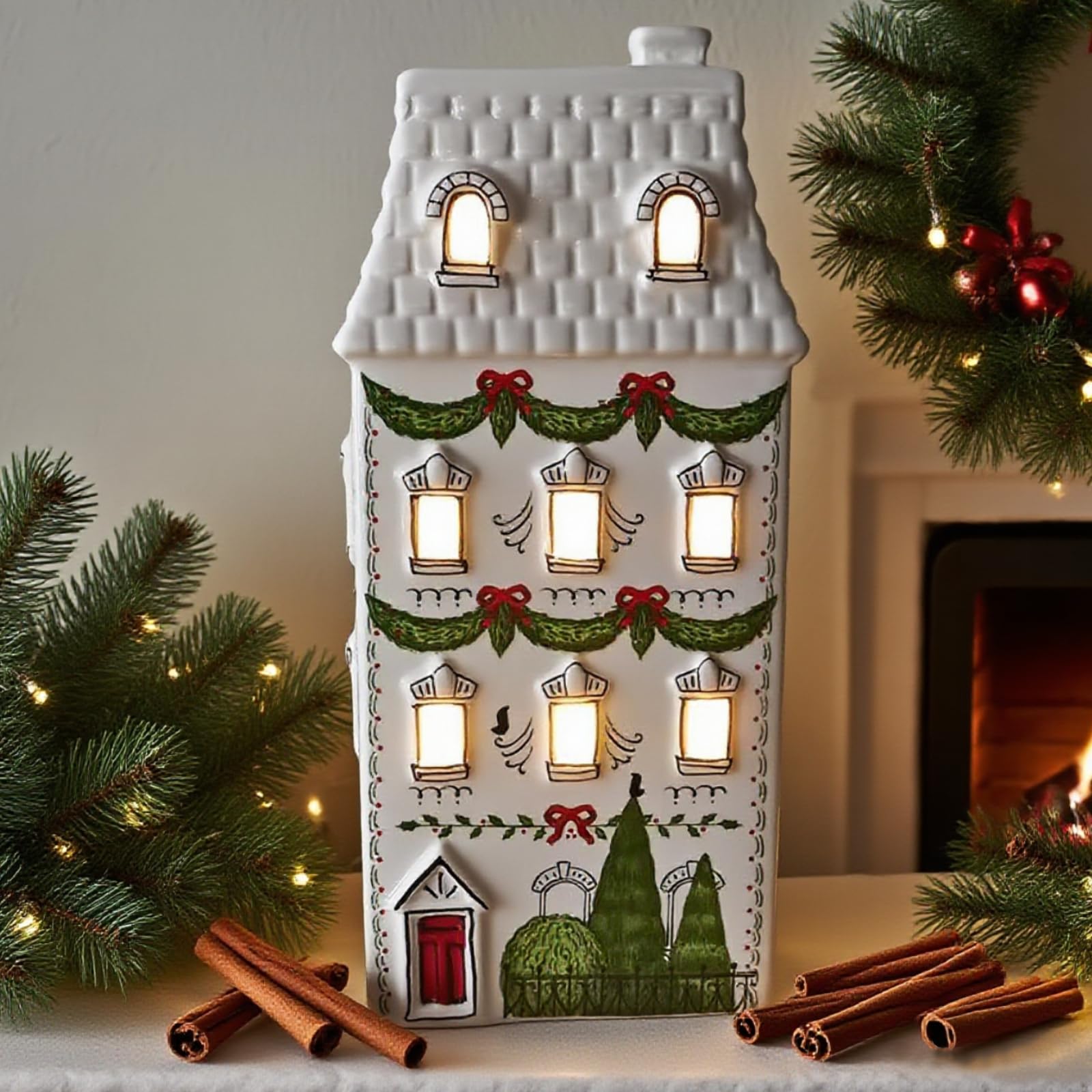 Cynkeyee Weihnachtsdorfhäuser, Party-Dekorationen, Weihnachtshaus-Dekoration, weiße Keramik-Dekorationen, Innenregal, Tischdekoration, 10,2 x 8,9 x 21,6 cm