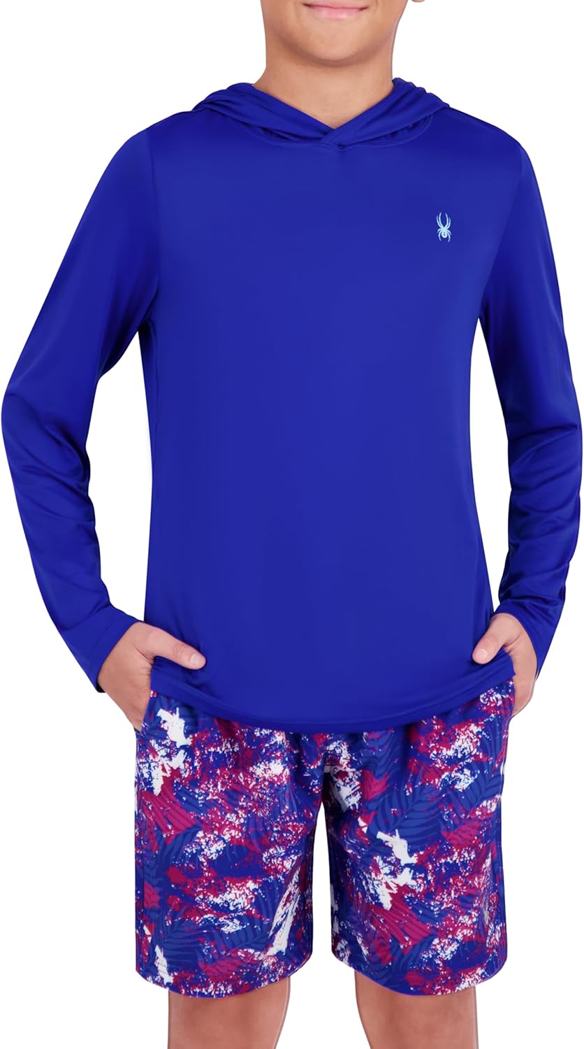 Spyder Boys' Long Sleeve Hooded Rash Guard – UPF 30+ Protection, Quick-Dry, 4-Way Stretch Swim Shirt