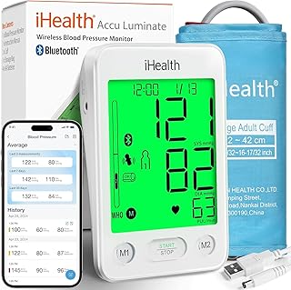 iHealth Accu Luminate Blood Pressure Monitor – 4.5" Tri-Color WHO-Based LCD(White), Clinically Accurate, Irregular Heartbeat Alert, Body & Cuff Detection, Bluetooth Cloud Sync, Large 8.6"–17" Cuff