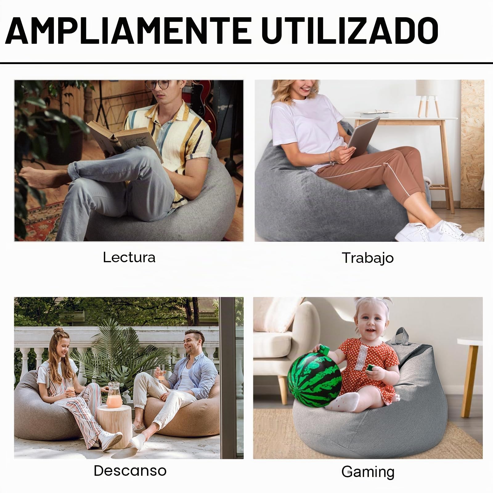 Puf para niños y adultos, 100 x 120 cm, funda sin relleno, funda de sofá para sacos de frijoles con cremallera, a prueba de polvo, sin relleno, para decoración de exteriores (gris oscuro)