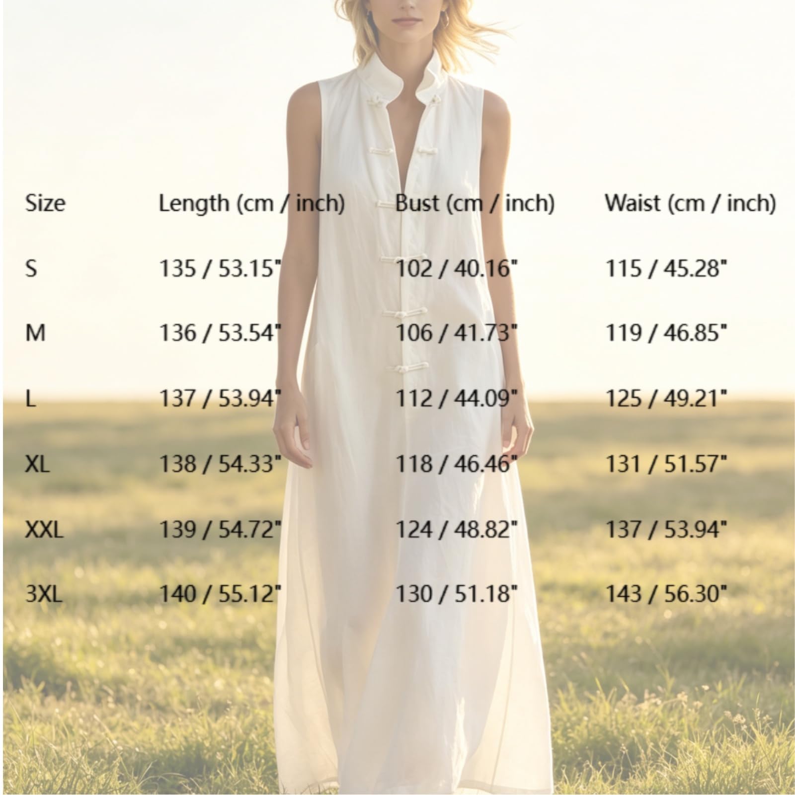 Generico Abito Lungo Estivo da Donna in Stile Boho: Modello Svasato (Linea ad A) e Ampio, con Collo alla Coreana, Senza Maniche e Chiusura Frontale a Bottoni