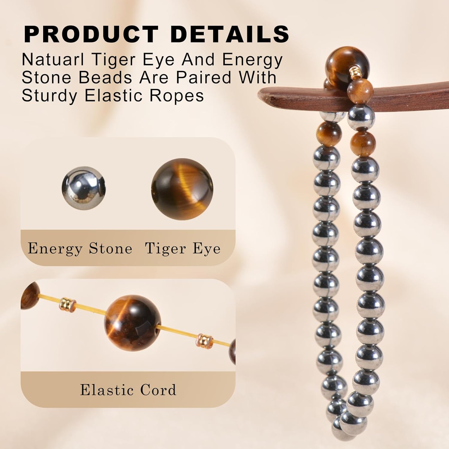 Tigers Eye Beaded Bracelets for Men Women Stretch Bracelet Natural Tiger Eye Gemstone Bracelet Handmade Polishing for Spiritual Healing Meditation Yoga - Image 3