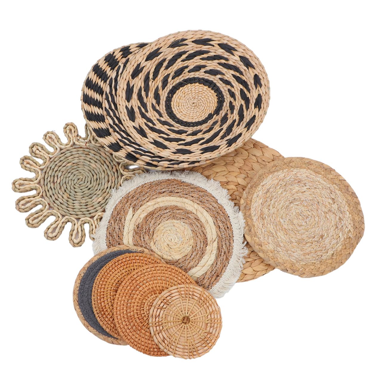 11 Piezas Decoración de Pared Tejida a Mano de Paja Boho Redonda