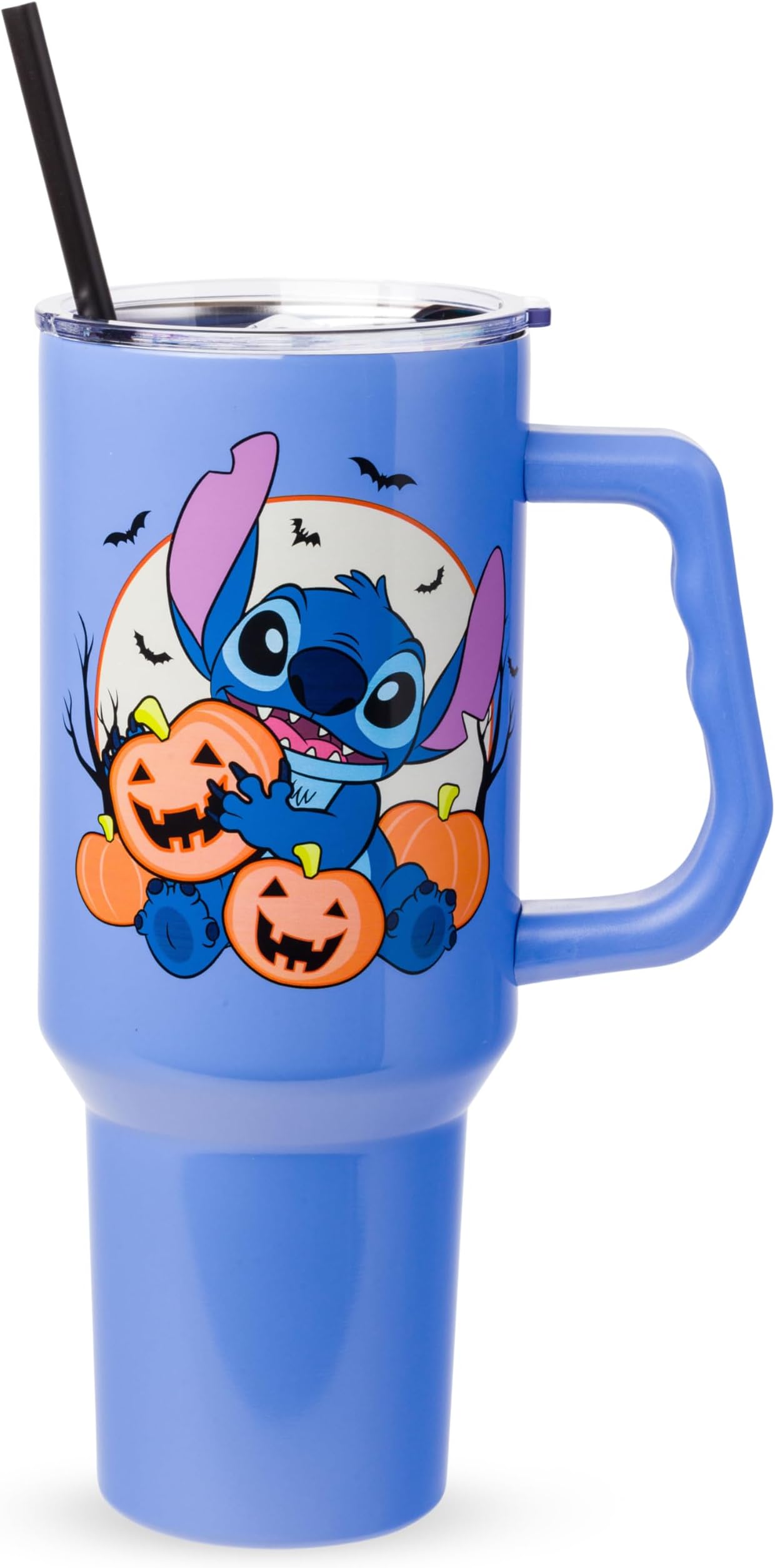Silver Buffalo Disney Lilo and Stitch Halloween Spooky Pumpkin Jack-O-Lantern Double Walled Stainless Steel Tumbler with Handle and Straw, Fits in Standard Cup Holder, 40 Ounces