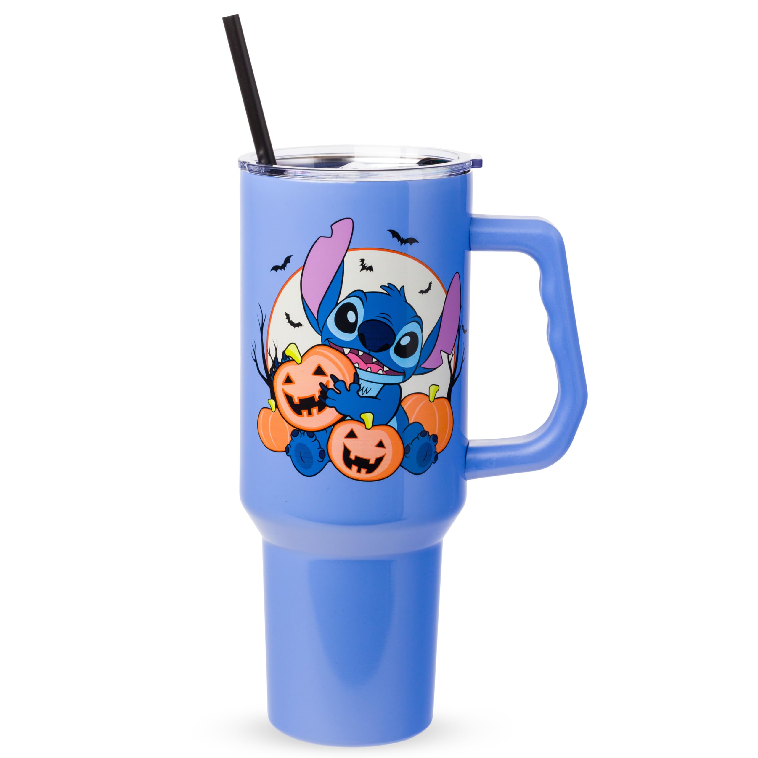Silver Buffalo Disney Lilo and Stitch Halloween Spooky Pumpkin Jack-O-Lantern Double Walled Stainless Steel Tumbler with Handle and Straw, Fits in Standard Cup Holder, 40 Ounces