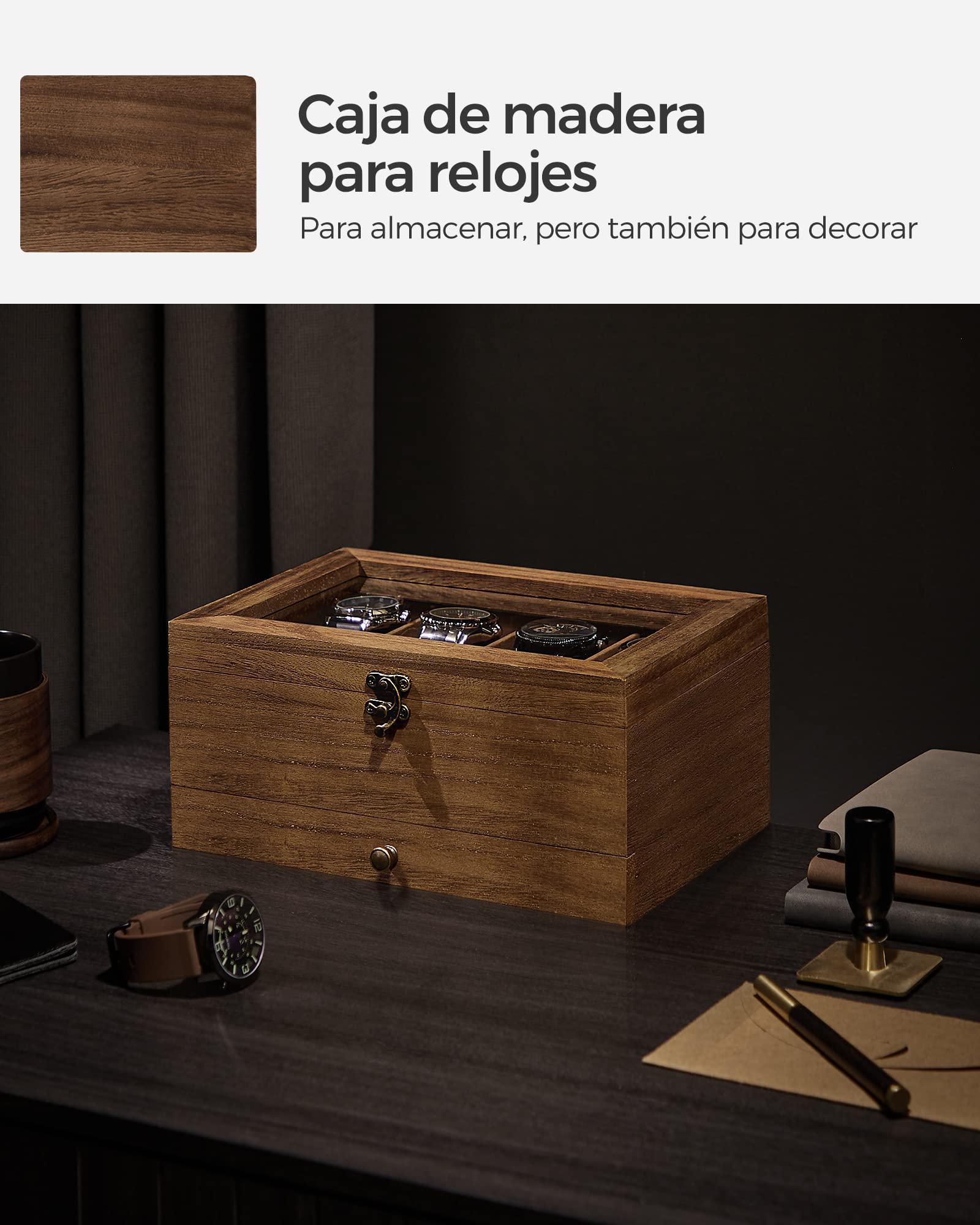 SONGMICS GISELLA Caja de Relojes 8 Ranuras Estuche Madera 2 Niveles Tapa Cristal Nogal Rústico