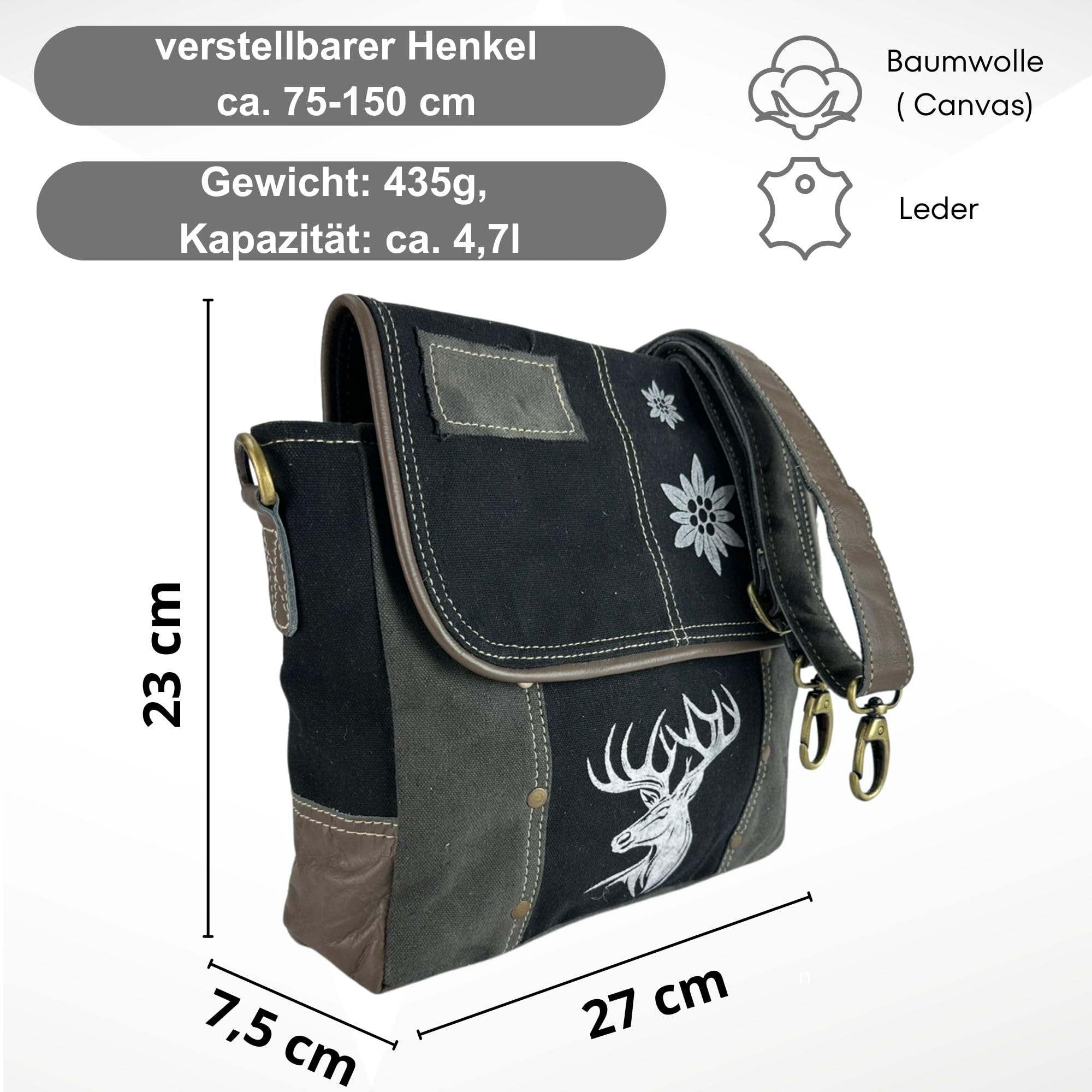 Domelo Trachtentasche. Schwarz/grau Messenger Tasche nit Hirsch/Edelweiß