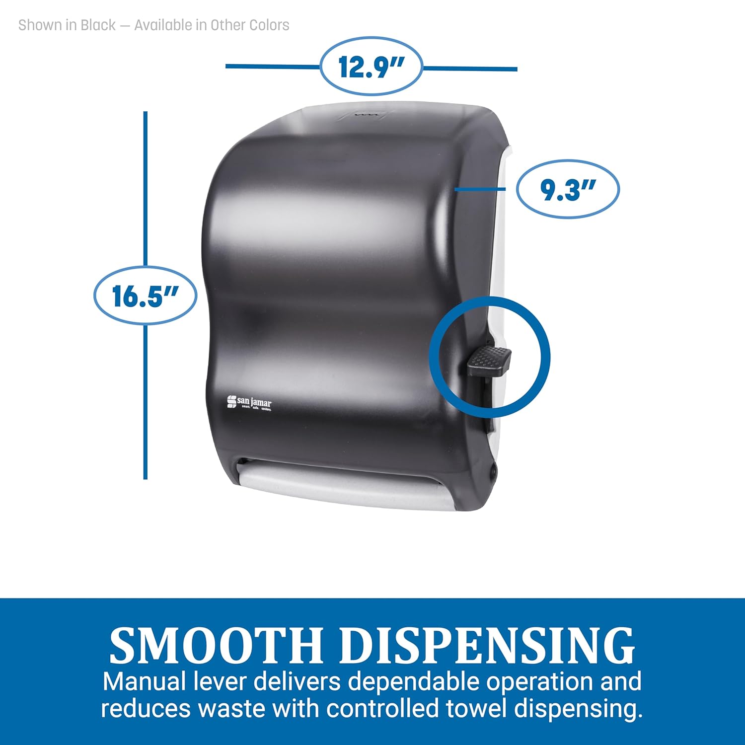 San Jamar Classic Paper Towel Dispenser with Lever for Bathroom, Kitchens, Restaurants, and Cafeterias, Plastic, For Universal 800' 8" Rolls, Black Pearl