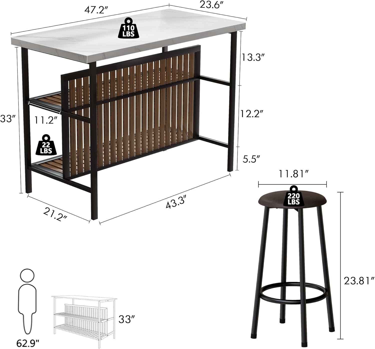 Diagram showing detailed dimensions and weight capacities for the Hooseng Bar Table and Stools