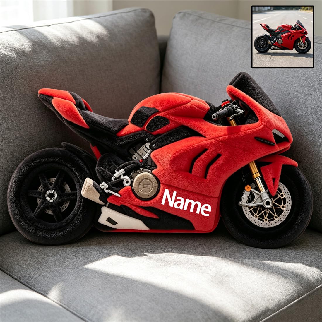 AHROZHOUIK Personalised Motorcycle Shaped Pillow Custom Name Photo Engineering Vehicle Theme 2D Printed Cartoon Plush Cushion Pillow For Sofa Room Gift For Motorcycle Lover Xmas Birthday (style 39)