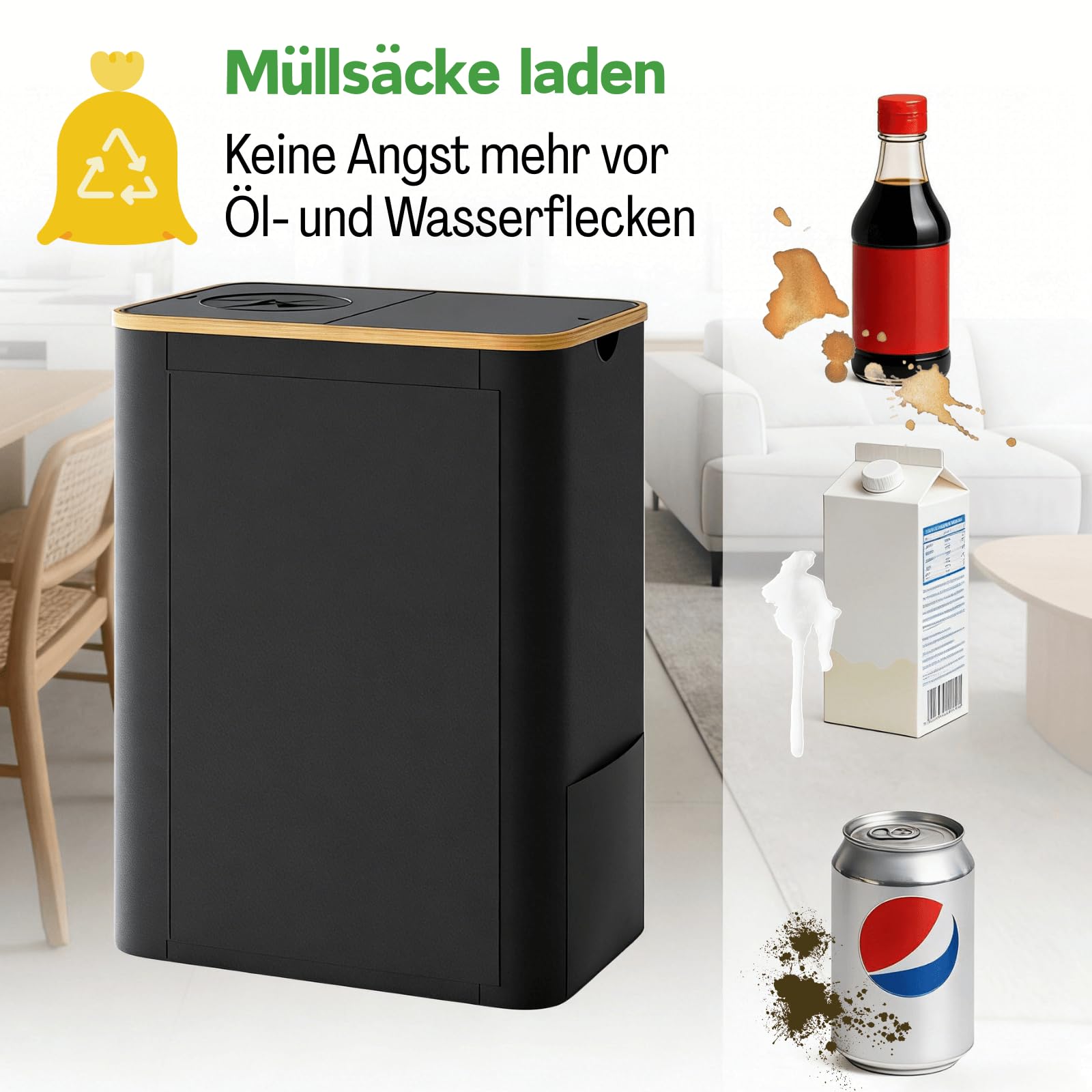 RMAN® 160L Gelber Sack Ständer Mülleimer 2 Fächer Wasserdicht Faltbar 2-in-1 Groß Müllsackständer mit 10 Gelber Müllsäcke Schwarz
