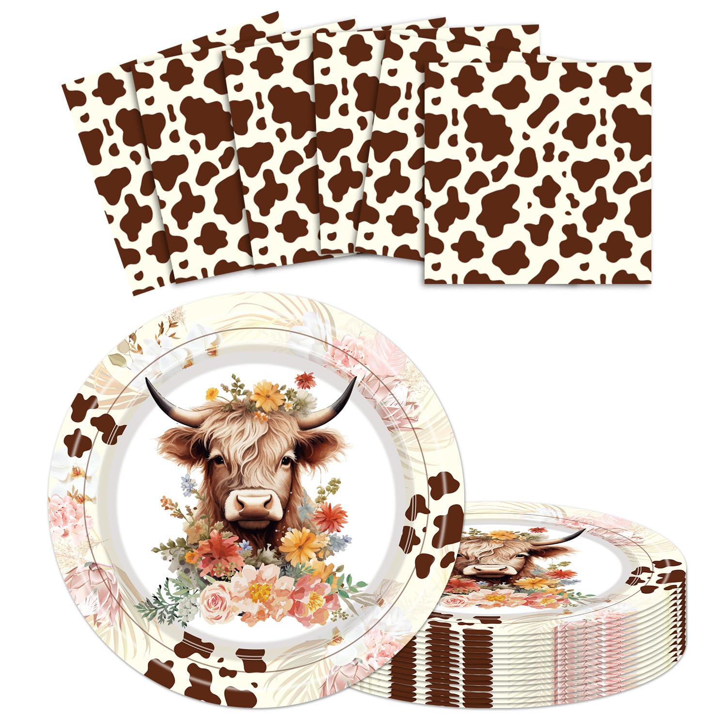 PURCAFT Highland Cow Party Plates and Napkins Set for 25 Guests, Brown Cow Disposable Paper Tableware with Floral, Farm Animal Party Set for Birthday Celebrations and Baby Showers