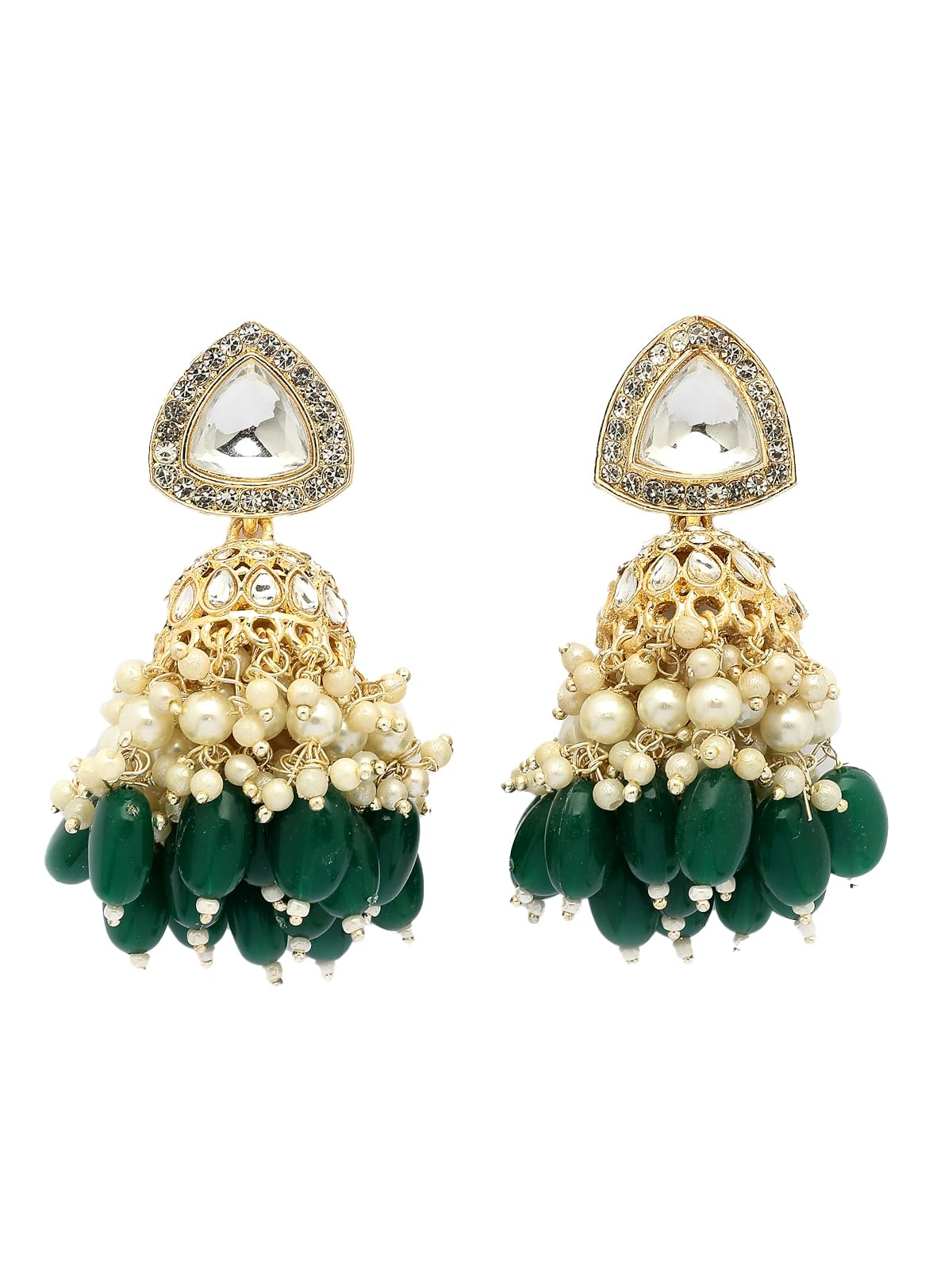 Excellent Fashionable Style Gold Plated Kundan & Green Cluster Beads Drop Jhumka/Jhumki Earring Jewellery For Women & Girls|E107332-image-6