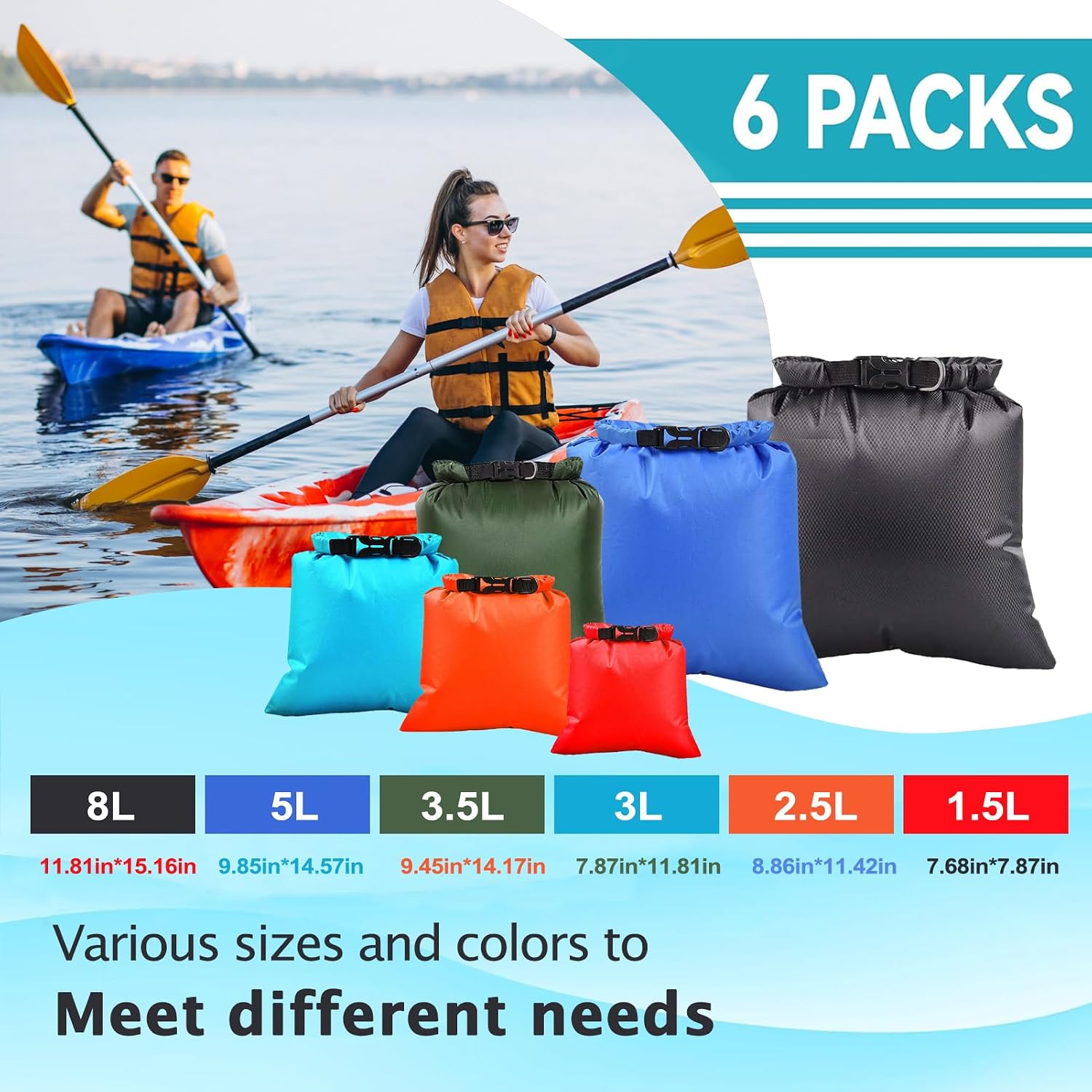 6PCS Dry Bag Waterproof Set – Ultralight Stuff Sacks & Waterproof Beach Bags, Multi‑Size Camping Gear for Kayaking, Boating & Travel