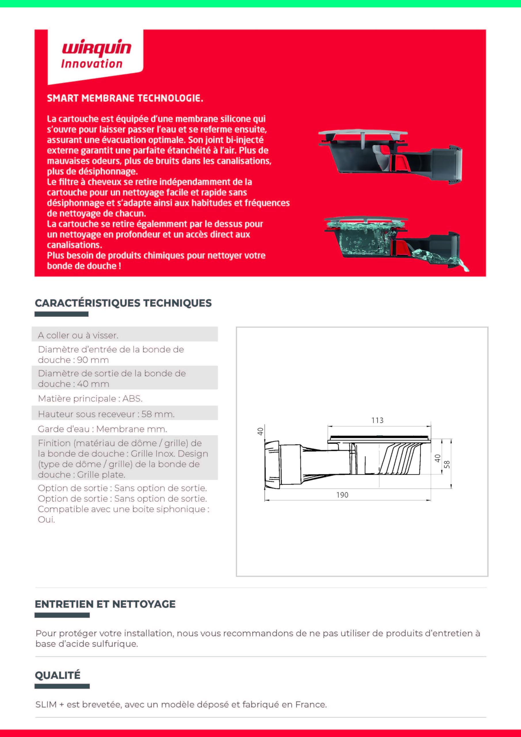 Wirquin Slim+ Duschablauf, extraflach, Ø 90 mm, SMART Membran, Gitter, flach, gebürsteter Edelstahl