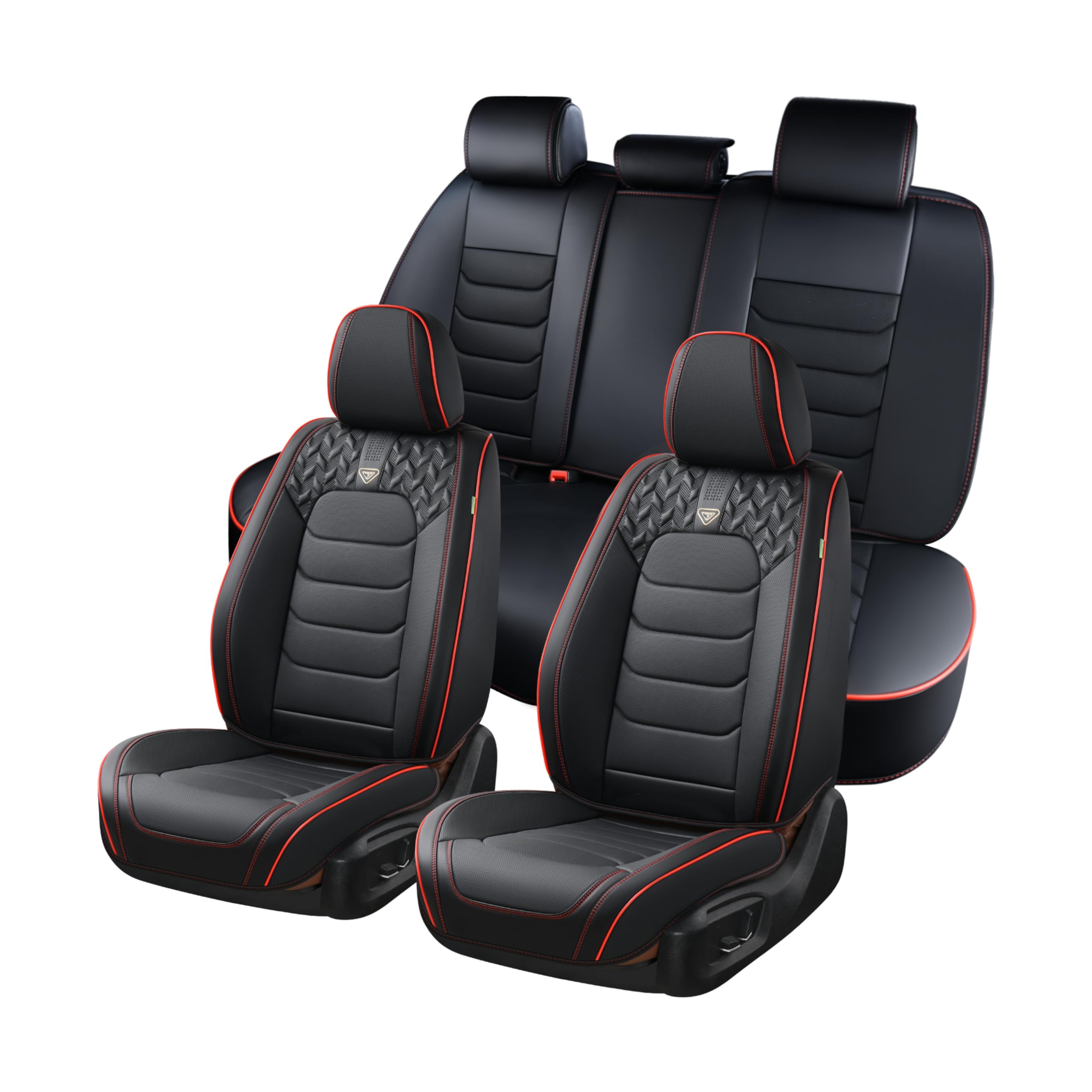FLORICH Seat Covers Full Set,Leather Seat Covers, Front and Rear Seats Cover 5 Seats, Waterproof Car Seat Cushion Protector Accessories for Sedan SUV Pick-up Truck(Black&Red line, Full Set)
