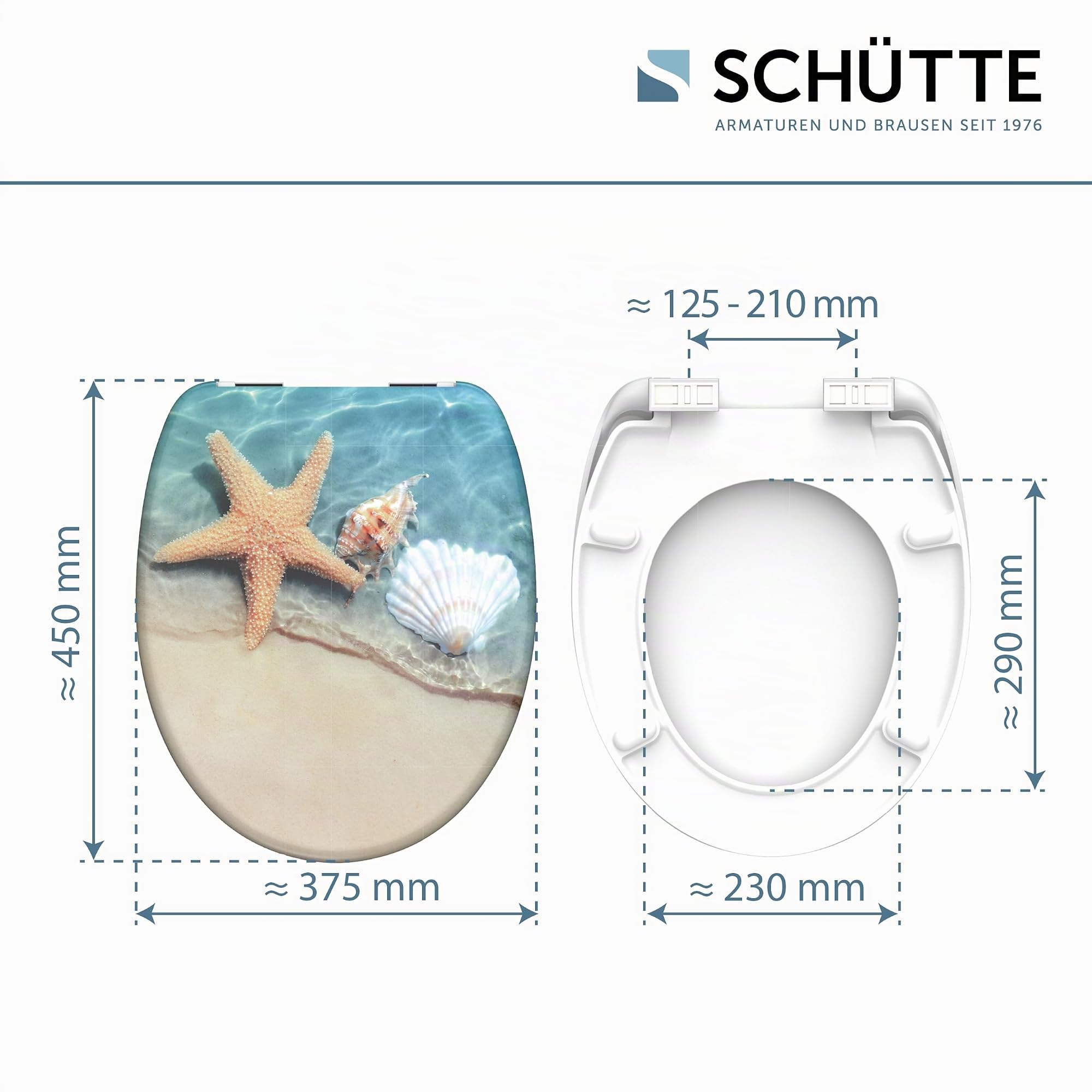 Schütte Beach 82196, Abattant WC en Duroplast avec système d'abaissement automatique, compatible avec la majorité des cuvettes WC, motif plage
