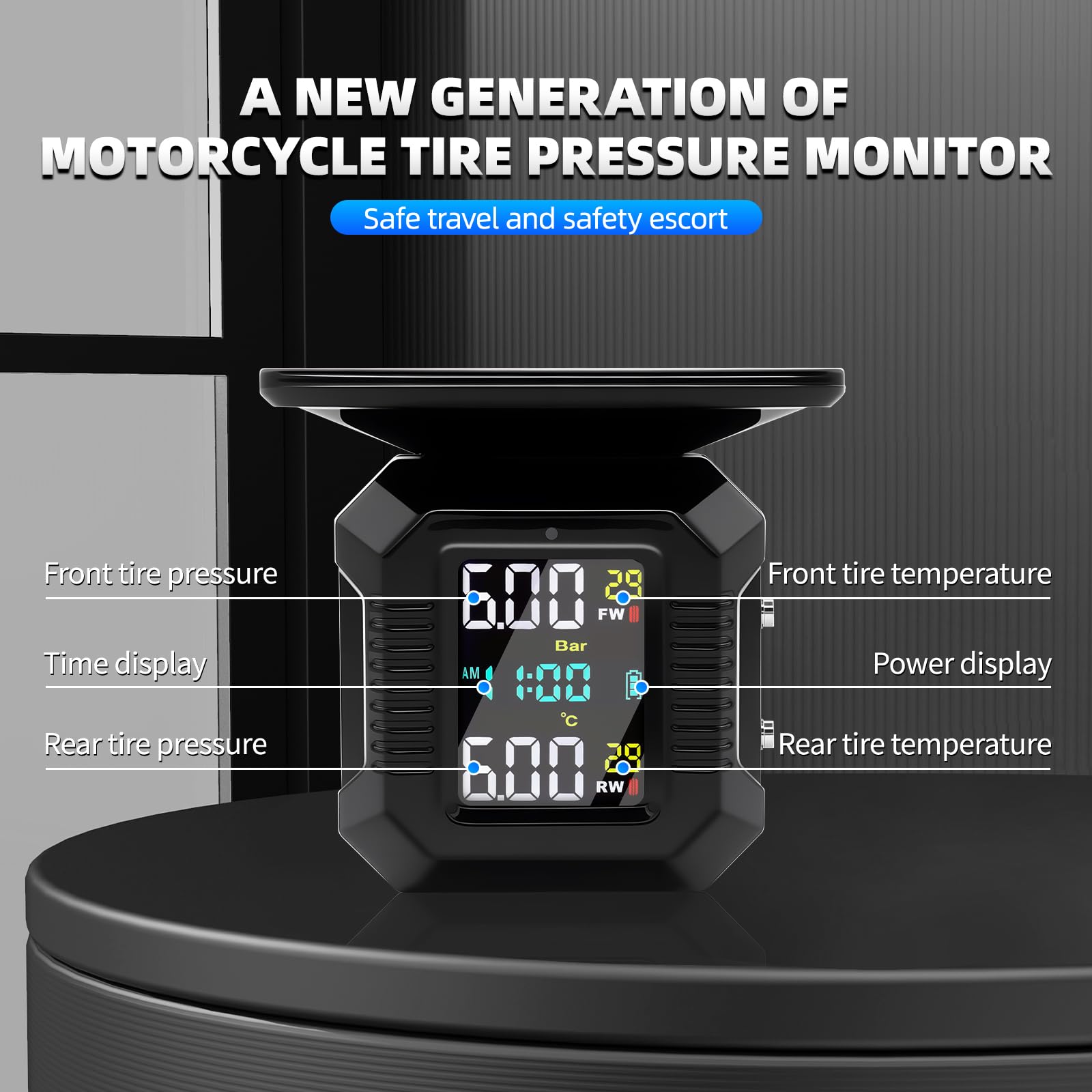 KAOLALI system kontroli ciśnienia w oponach dla motocykli TPMS, bezprzewodowy system TPMS do motocykli z ładowaniem solarnym/USB i wyświetlaczem LCD, z 2 zewnętrznymi wodoodpornymi czujnikami